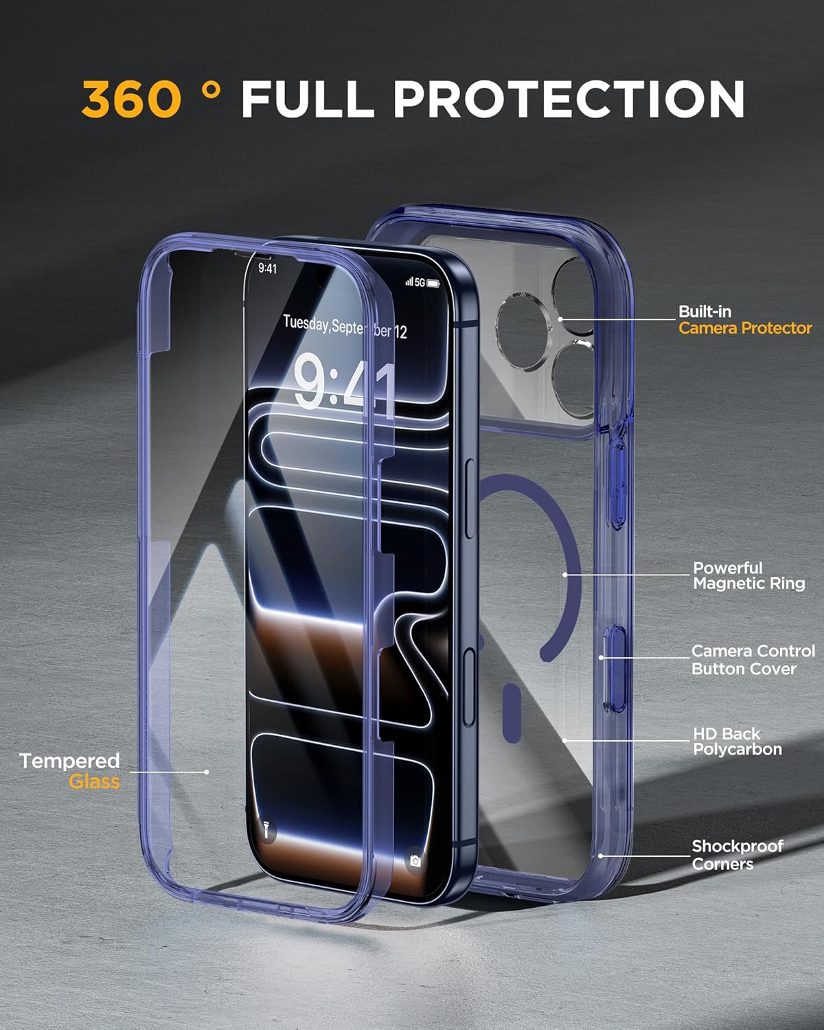 Miracase for iPhone 17 Pro Max Case 6.9" Full-Body Phone Case with Built-in Glass Screen Protector& Full Camera Protector,[Magnetic with MagSafe] Drop Proof 17 ProMax Cover, Clear Blue iPhone 17 Pro Max Magnetic Clear Blue