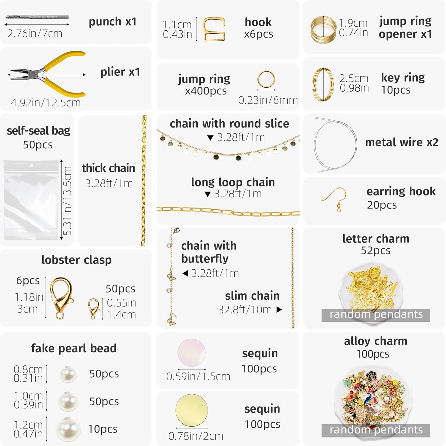 1014pcs Chains Jewelry Making Kit, DIY Keychain Earrings Bracelet Necklace Waist/Head/Thigh/foot/Shoes Chains Cup Charm,All in One Kit Contains Metal Chains Pendants Clasps Self-seal Bags for Gift