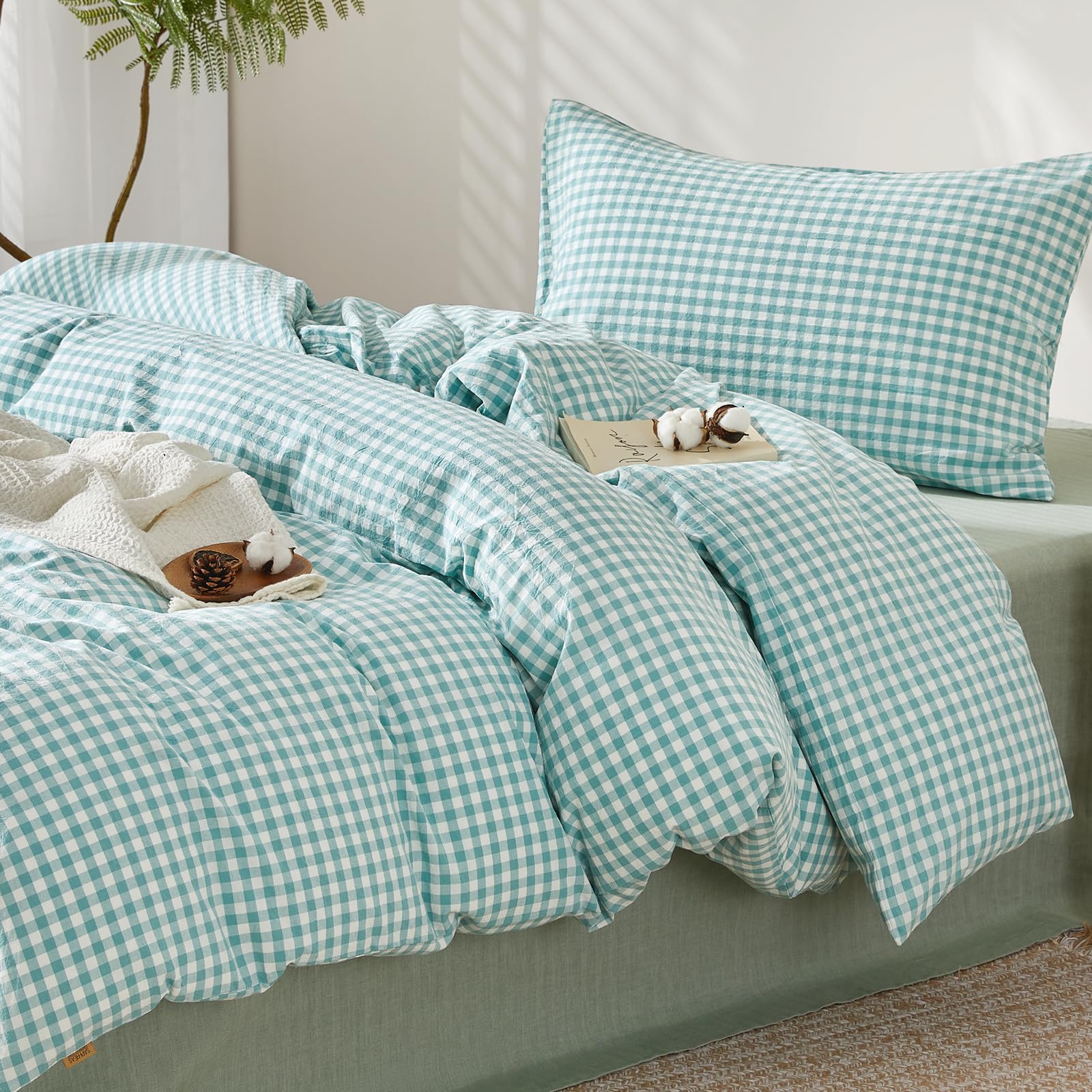 SAPHREAS Teal Gingham Duvet Cover Set 100% Washed Cotton Single Size 2Pcs Check Modern Grid Bedding Soft Plaid 1 Yarn-dyed Duvet Quilt Cover with Zipper 1 Pillowcase, Duvet Insert Not Included — image 1