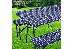 Navy Blue and White Gingham Picnic Tablecloths with Bench Covers