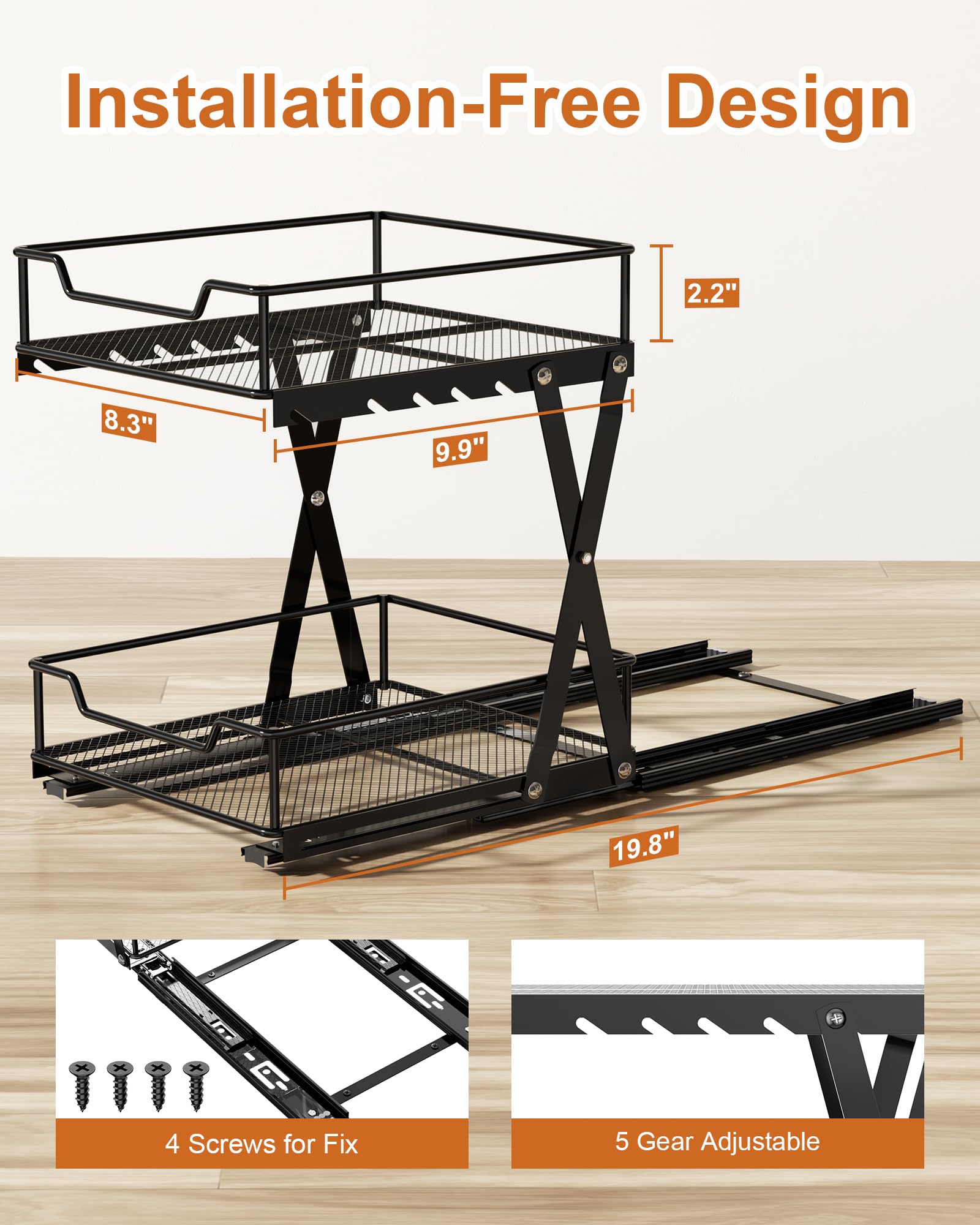 Under Sink Organizer, Heavy Duty Metal 2 Tier Pull Out Cabinet Organizer with 5 Height Adjustable, Hold up to 80lbs, Multi-Purpose Organization and Storage For Kitchen Bathroom Pantry