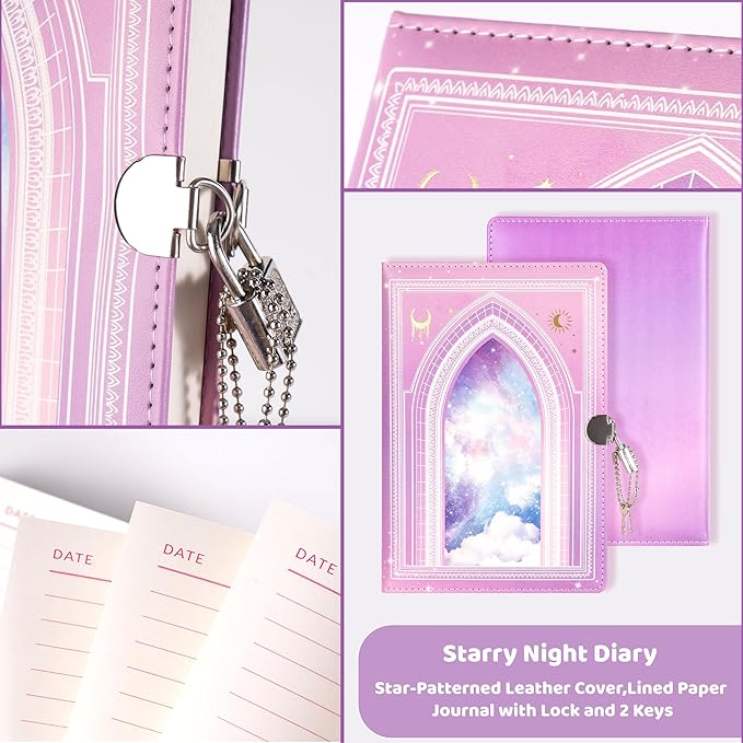 Diario con Candado para Niñas, 296 Páginas, Bordes Dorados, Rosa Claro miniatura 4
