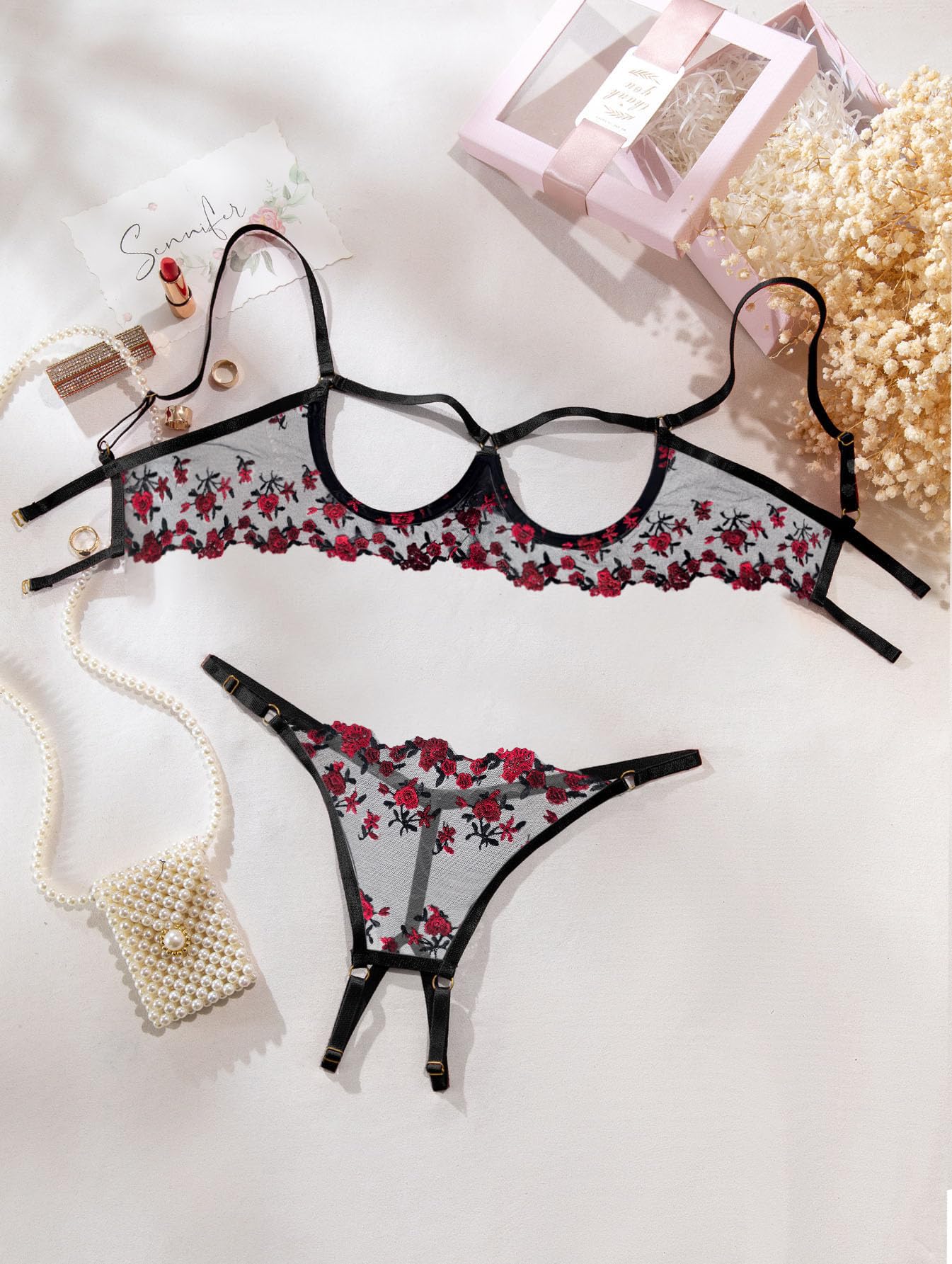 Lilosy Sexy Underwire Floral Lace Sheer Lingerie Set for Women See Through Bra and Panty 2 Piece: X-Small Black Red Embroidery