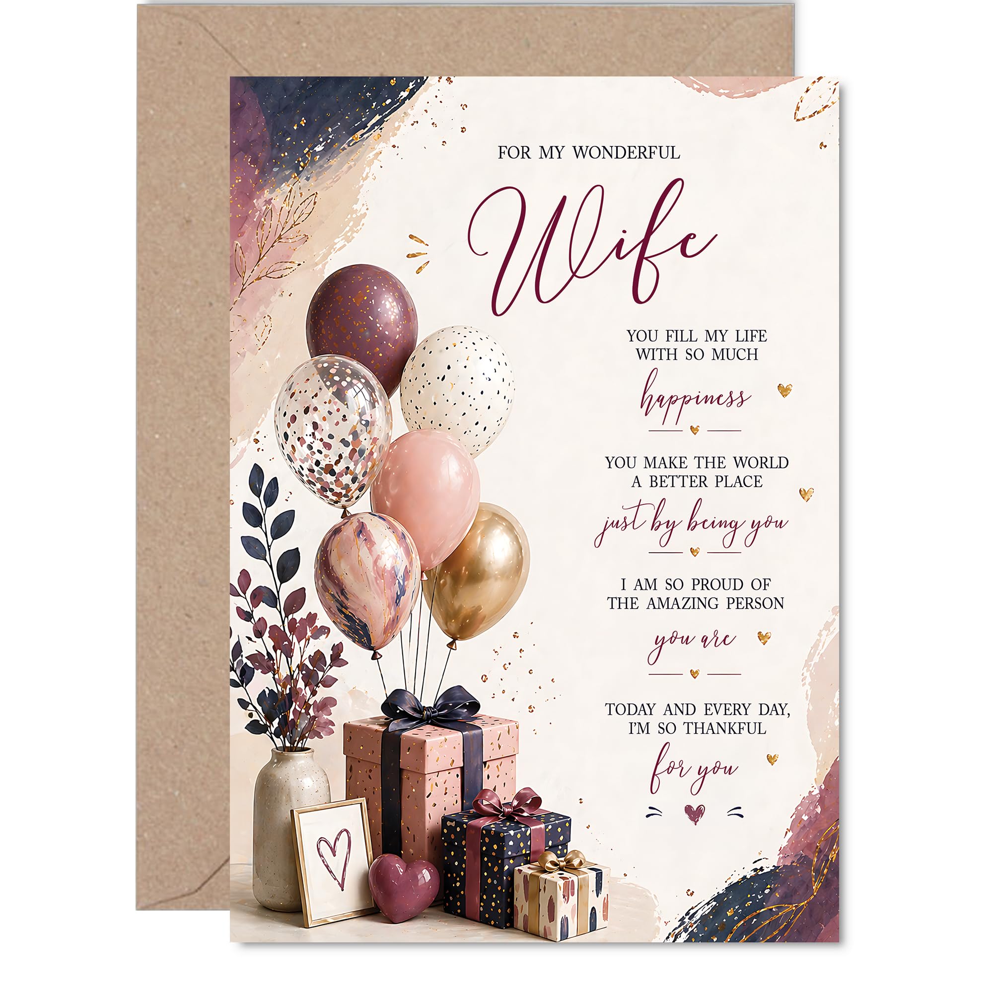Heartfelt Birthday Card for Wife - Overflowing with Love and Gratitude - Balloons, Gifts and Floral Sparkle, Valentine's Day - A5, Envelope Included