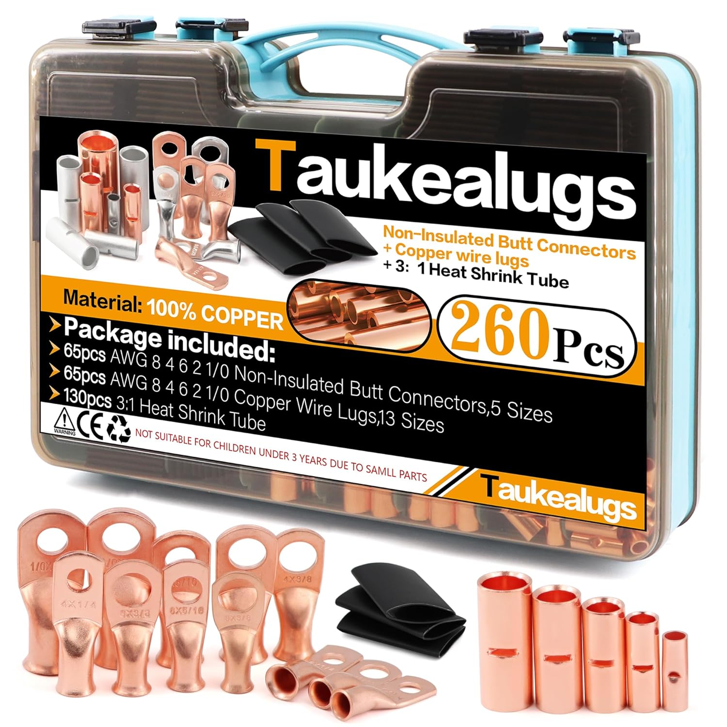260Pcs AWG8 4 6 2 1/0 Gauge Battery Ring Terminals and Non-Insulated Butt Connectors kit,65Pcs Uninsulated Crimp Ferrule lugs,65pcs Copper Cable lugs with 130pcs 3:1 Heat Shrink Tube in Two-Side Box