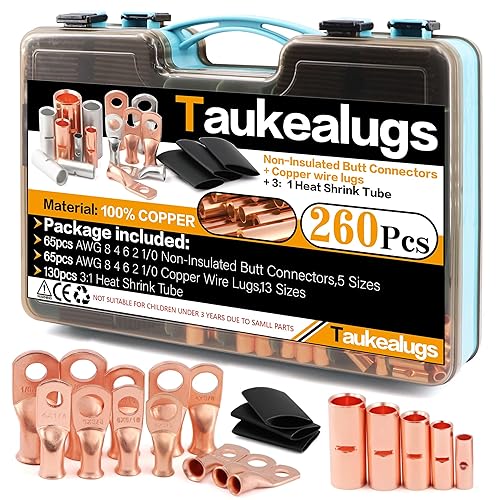 Kit de 260 terminales de anillo de batería AWG8 de calibre 4 6 2 10 y conectores a tope no aislados, 65 lengüetas de férula de crimpado sin