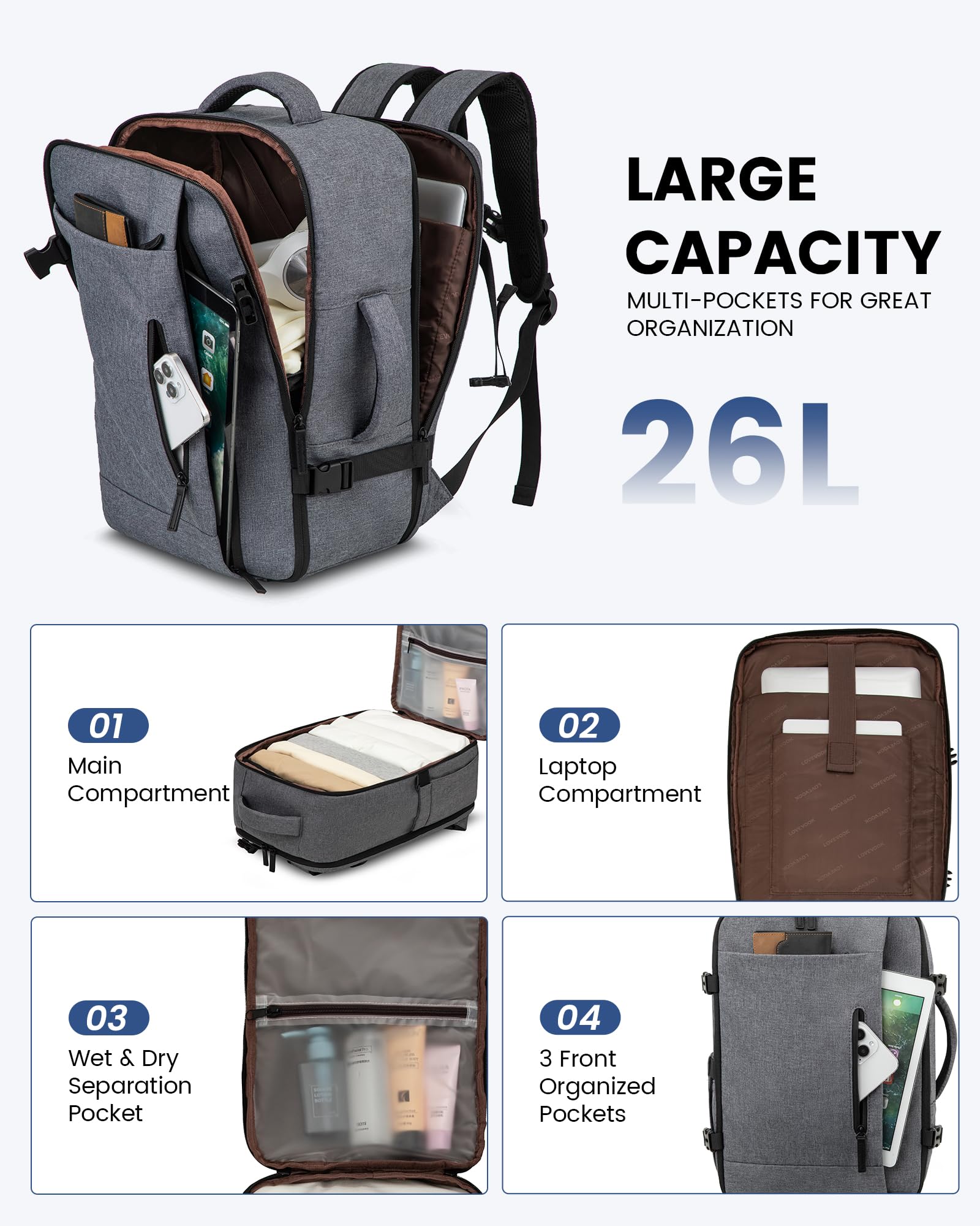 LOVEVOOK Zaino da Viaggio Aereo Bagaglio a Mano Borsa da Cabina per Easyjet 45x36x20 Impermeabile Antifurto Zaino Viaggio Uomo Donna 15,6 Pollici Zaino Porta PC per Scuola Lavoro Trekking, Grigio