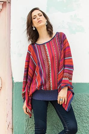 NOVICA Artisan Handmade Striped Peruvian Alpaca Wool Kimono Sleeve Sweater in Multicolor Pattern,#39;Cuzco Dance'