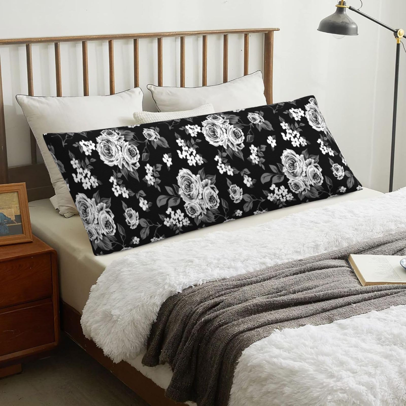 Vintage White Rose Tulip, Body Pillow Cover with Zipper,Long Body Pillowcase 20 x 60 in