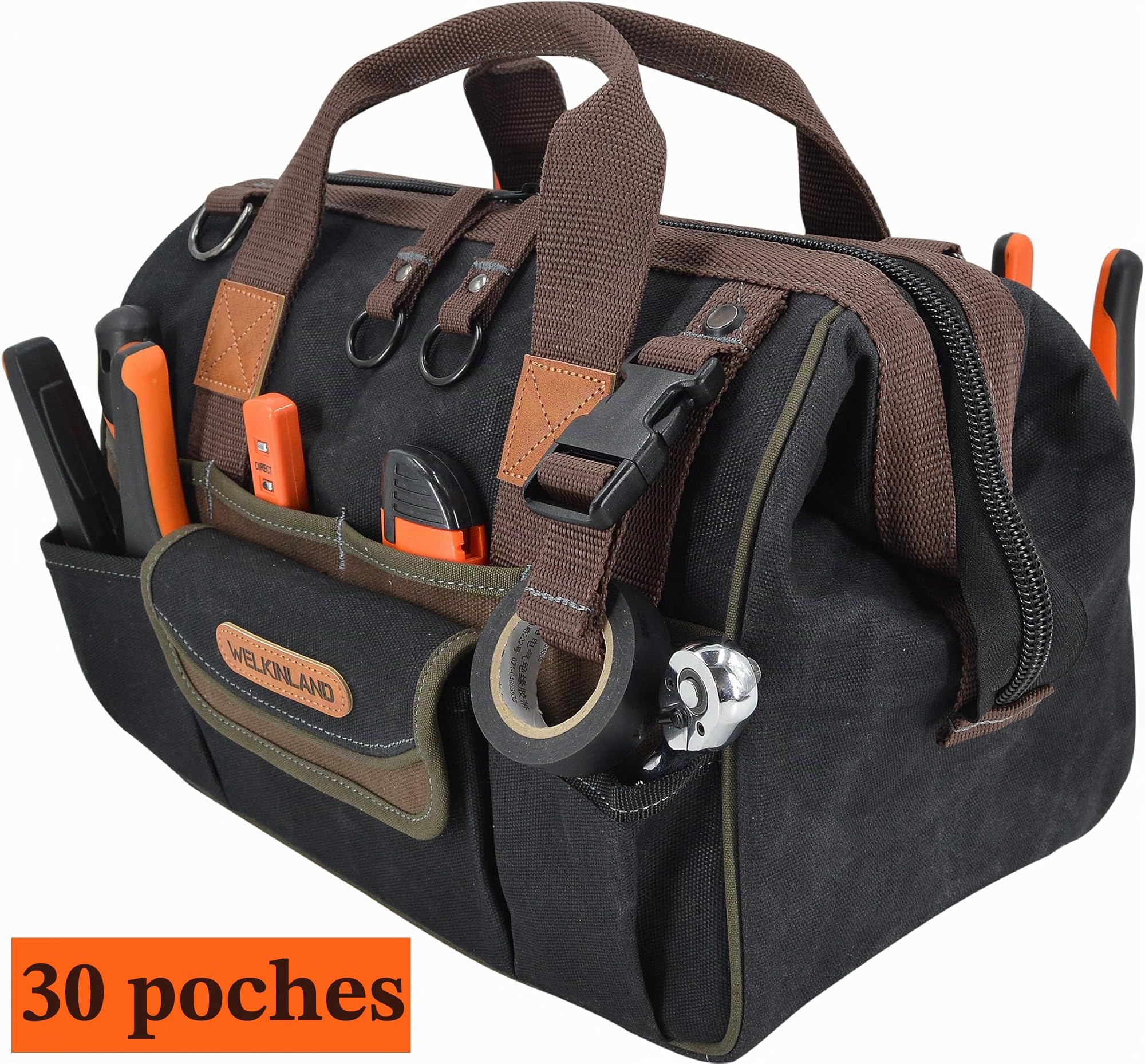 WELKINLAND Sac à outils en toile à 30 poches, 35,6 cm de sacs cirés robustes, sac fourre-tout pour outils, électricien de ligne pour électriciens, sac à outils pour hommes de service en noir/brun