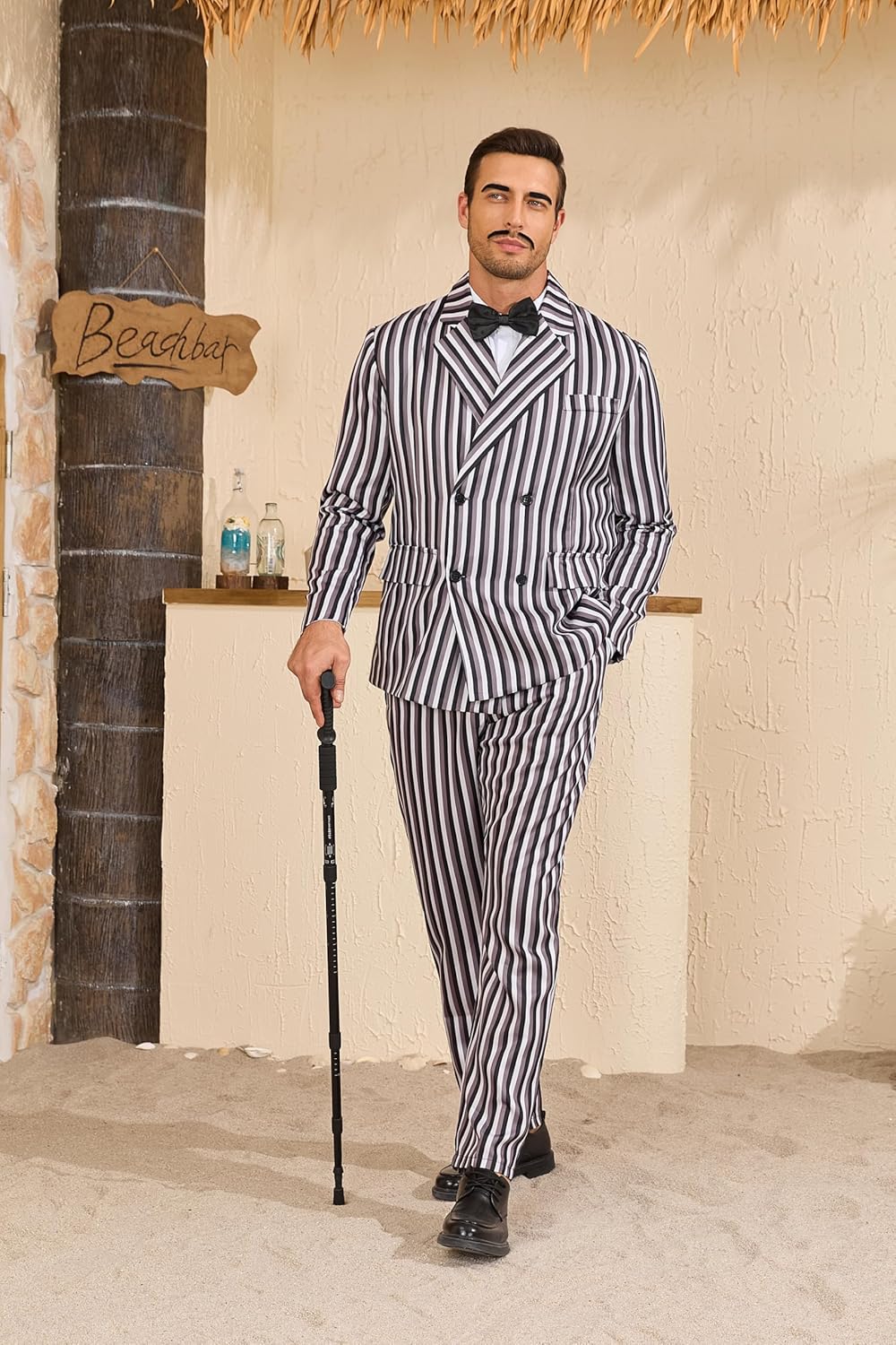 Men's 1920s Gangster Costume Wig Pinstripe Suit Blazer Jacket Shirt Pants Set with Necktie Halloween Cosplay Outfits - Image 3