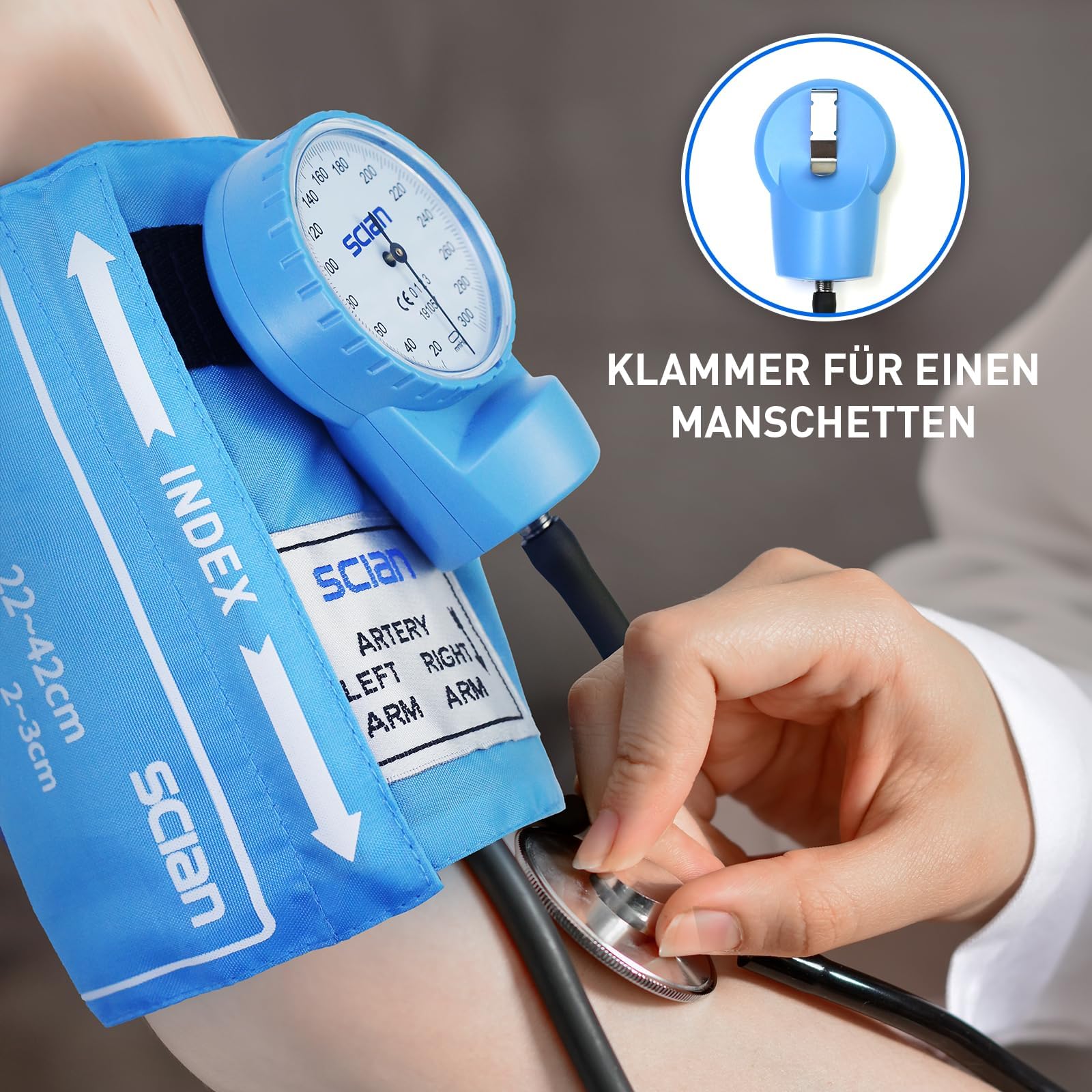 SCIAN Esfigmomanómetro Manual Aneroide, Tensiómetro de Brazo Manual Profesional, Brazalete Universal 22-42cm, para Uso Médico y Doméstico con Bolsa de Transporte (Azul cielo)