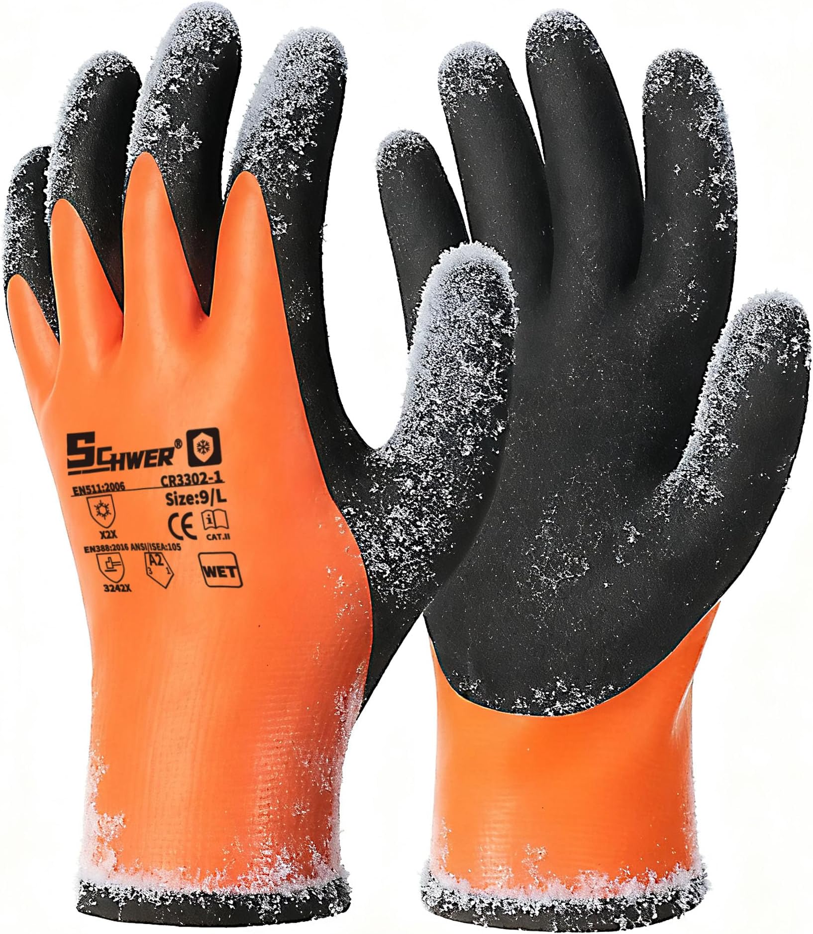 Schwer 2 Pairs FreezeGuard Winter Work Gloves, ANSI A2 Cut Resistant Freezer Gloves for Outdoor Cold Weather Keep Hands Warm, Waterproof Gloves for Shoveling Snow, Ice Fishing, M