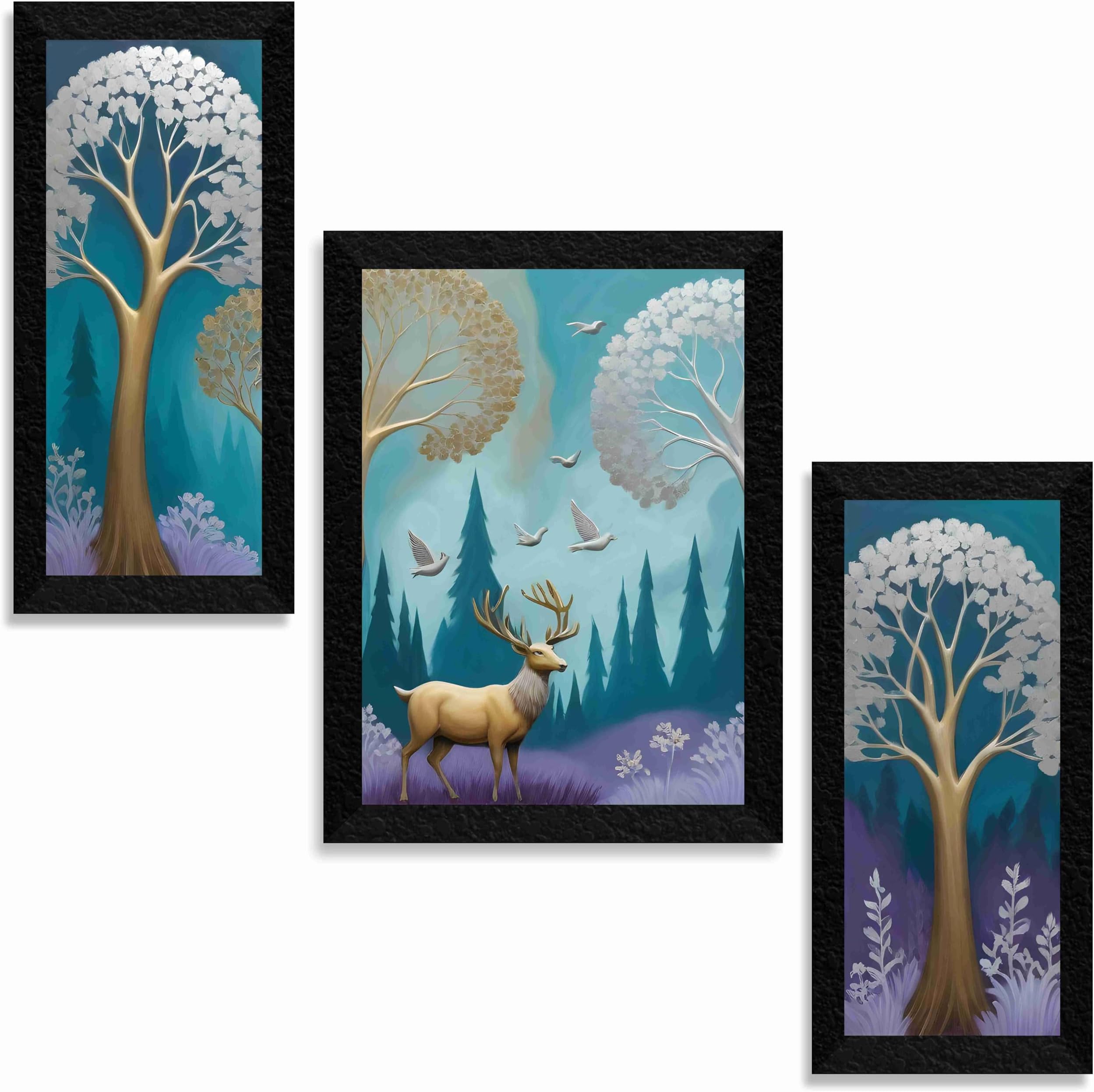 SAF deer Paintings for Wall Decoration - Set Of 3, 3d modern art Painting for Living Room Large Size with Frames for Home Decoration, Hotel, Office painting 75 cm x 50 cm SAL36041