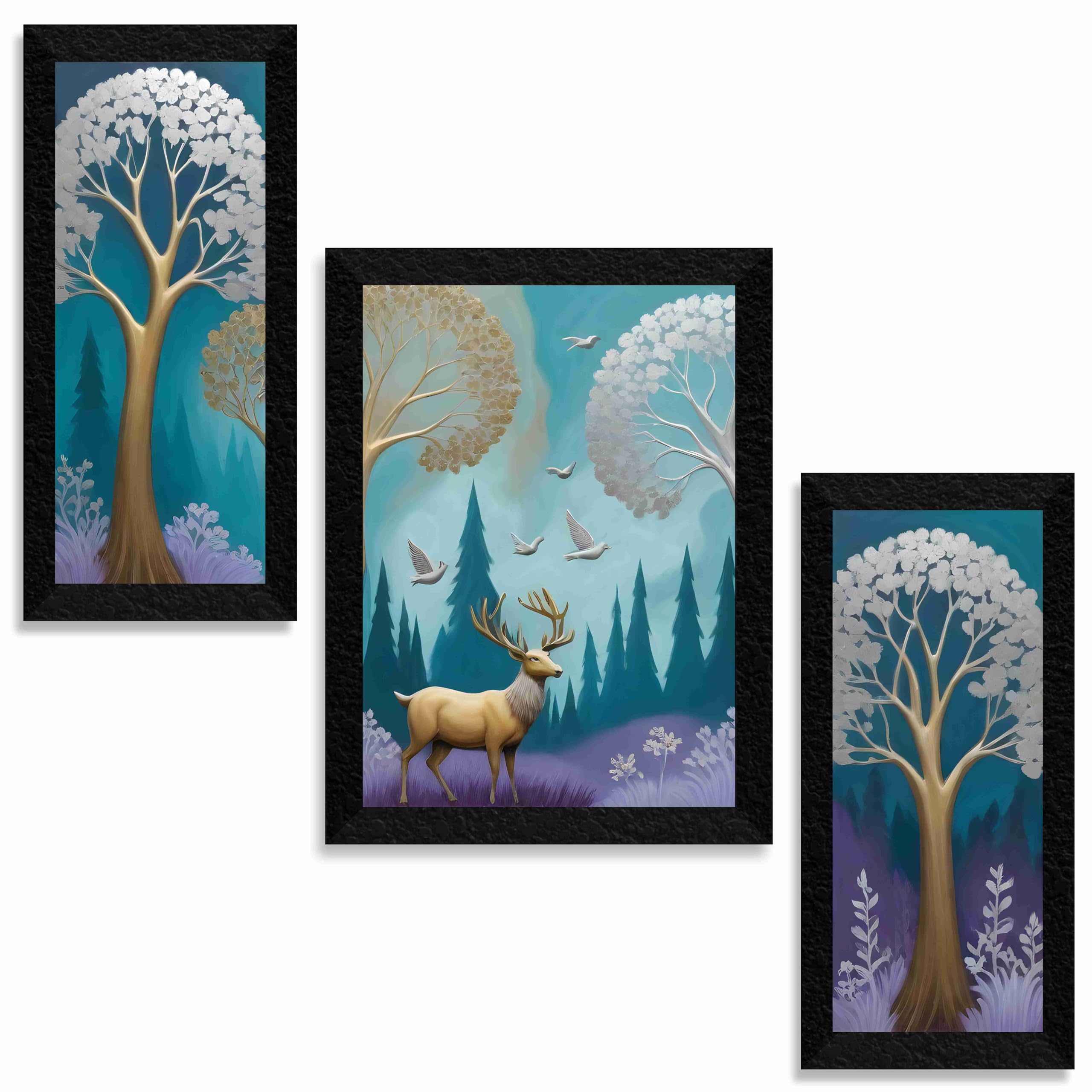 SAF deer Paintings for Wall Decoration - Set Of 3, 3d modern art Painting for Living Room Large Size with Frames for Home Decoration, Hotel, Office painting 75 cm x 50 cm SAL36041