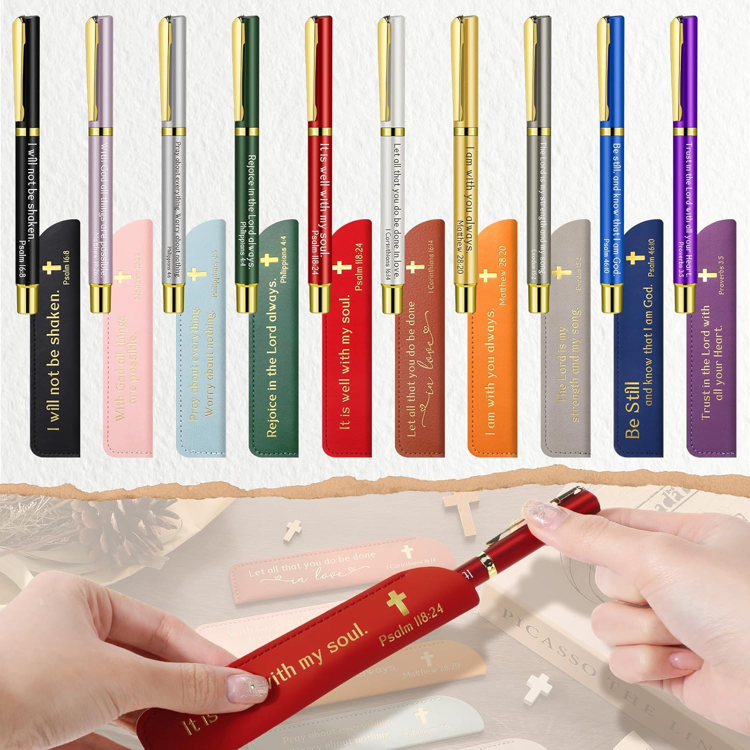 Spakon 30 Sets Social Worker Gifts Bulk for Church Bible Verse Ballpoint Pens with Religious Leather Pen Holder Sleeve for Women Men Church Sunday School Appreciation Gifts (Multicolor)