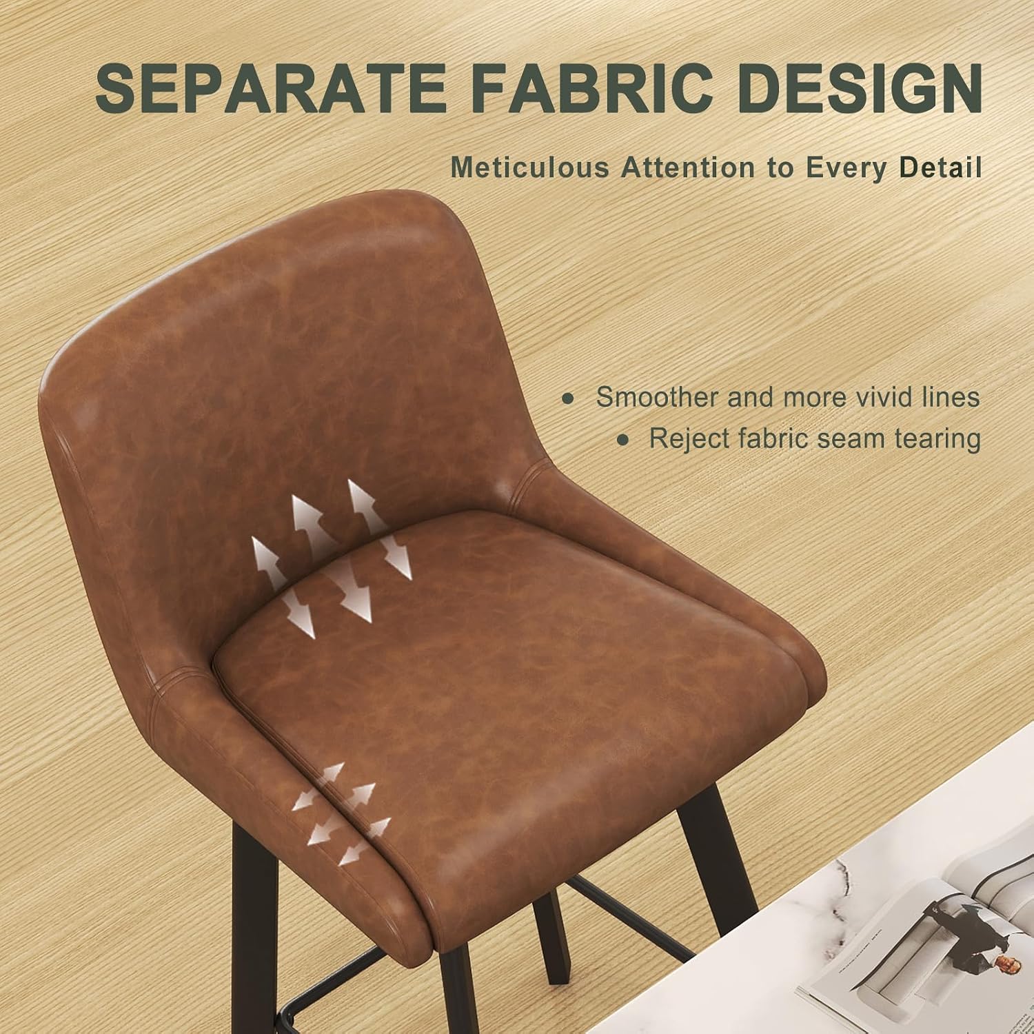 SAECKBERG Swivel Bar Stools Set of 3, 29''H Upholstered Barstools with Backs, Modern Counter Height Bar Stool Chairs for Kitchen Island, Metal Legs, Faux Leather, Brown Counter Stools