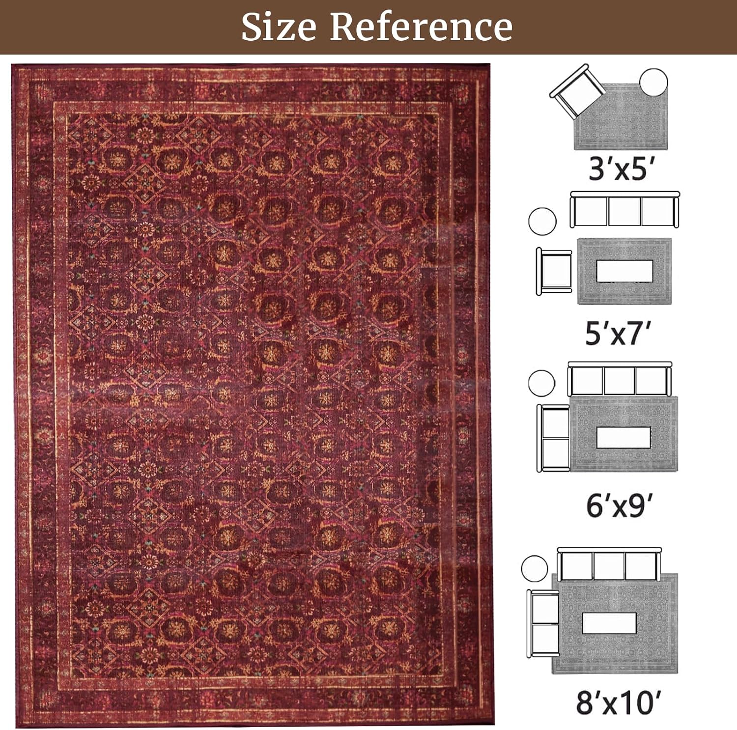 3x5 Soft Washable Area Rugs for Living Room and Bedroom, Non-Slip Stain Resistant Indoor Carpet, Cozy Floor Mat for Dining Room, Office, Stain Resistant Entryway Persian red Floral