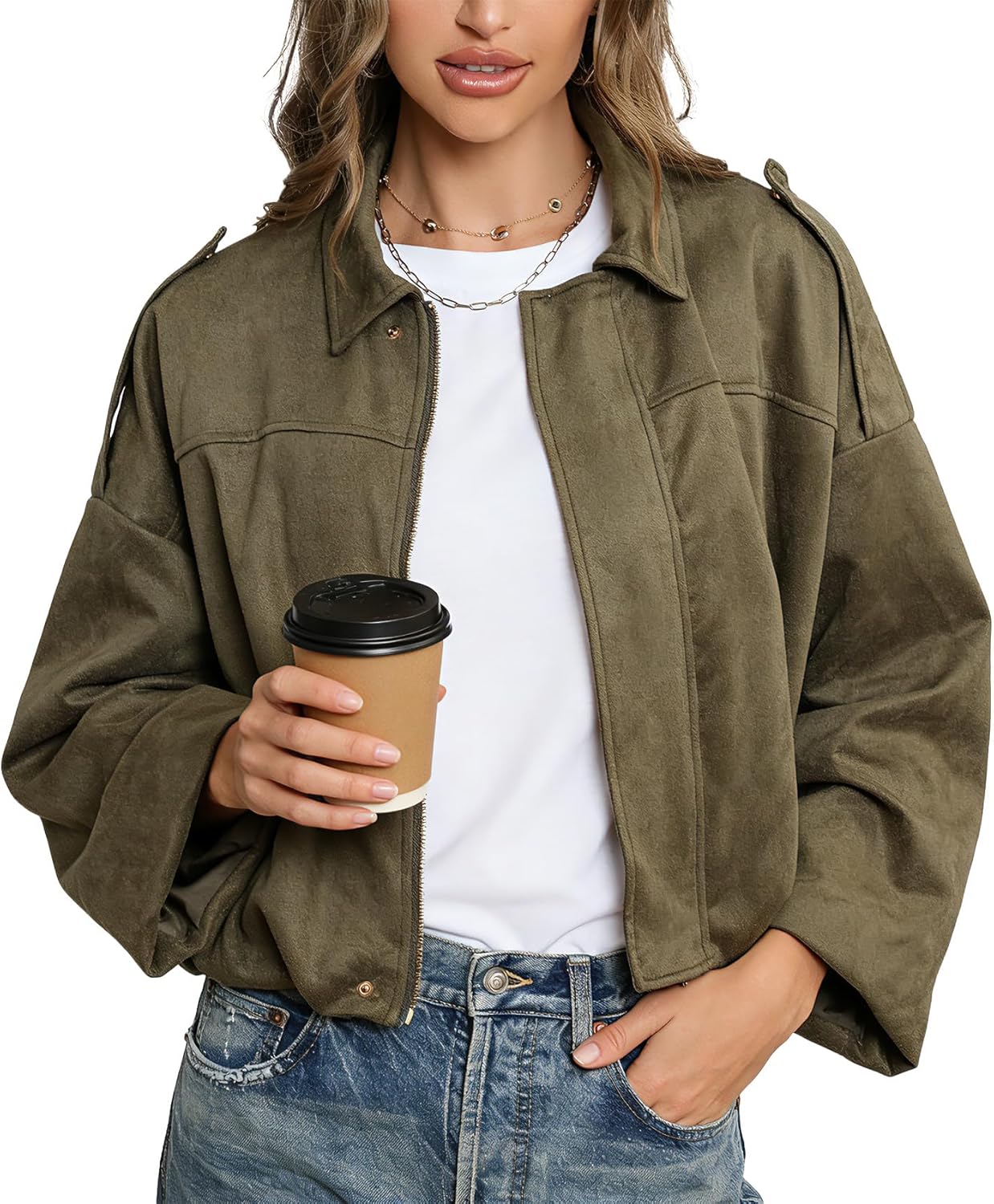 LEACOOLKEY Women's Faux Suede Bomber Jacket Casual Pilot Coat Oversized Spring Fall Batwing Long Sleeve Streetwear Outwear