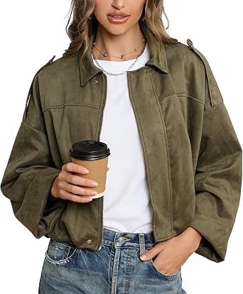 LEACOOLKEY Womens Faux Suede Bomber Jacket Casual Pilot Coat Oversized Spring Fall Batwing Long Sleeve Streetwear Outwear