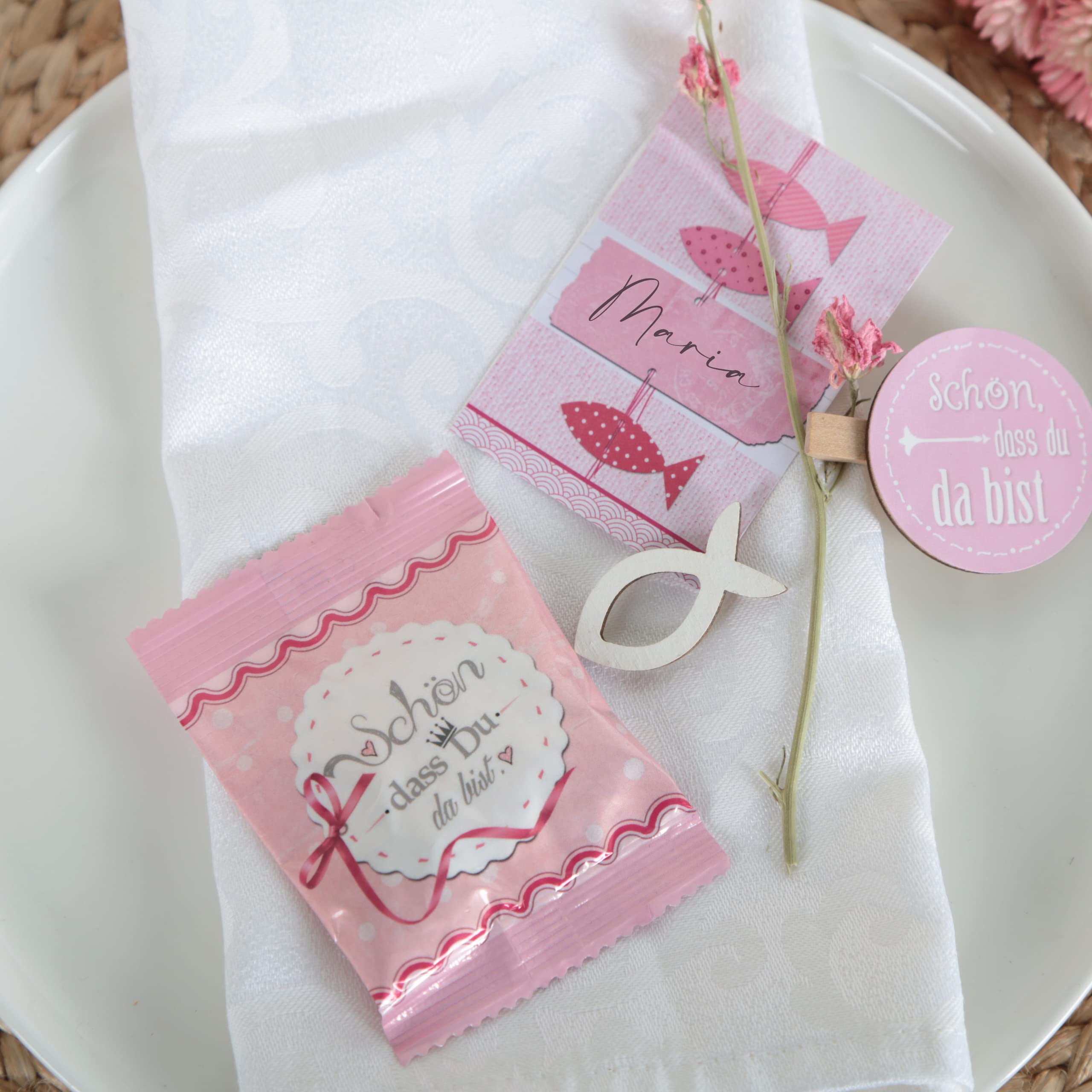 Logbuch-Verlag 200 Give-Aways Schön dass du da bist Gummibärchen rosa pink mini Geschenke für Gäste Hochzeit Event Veranstaltung