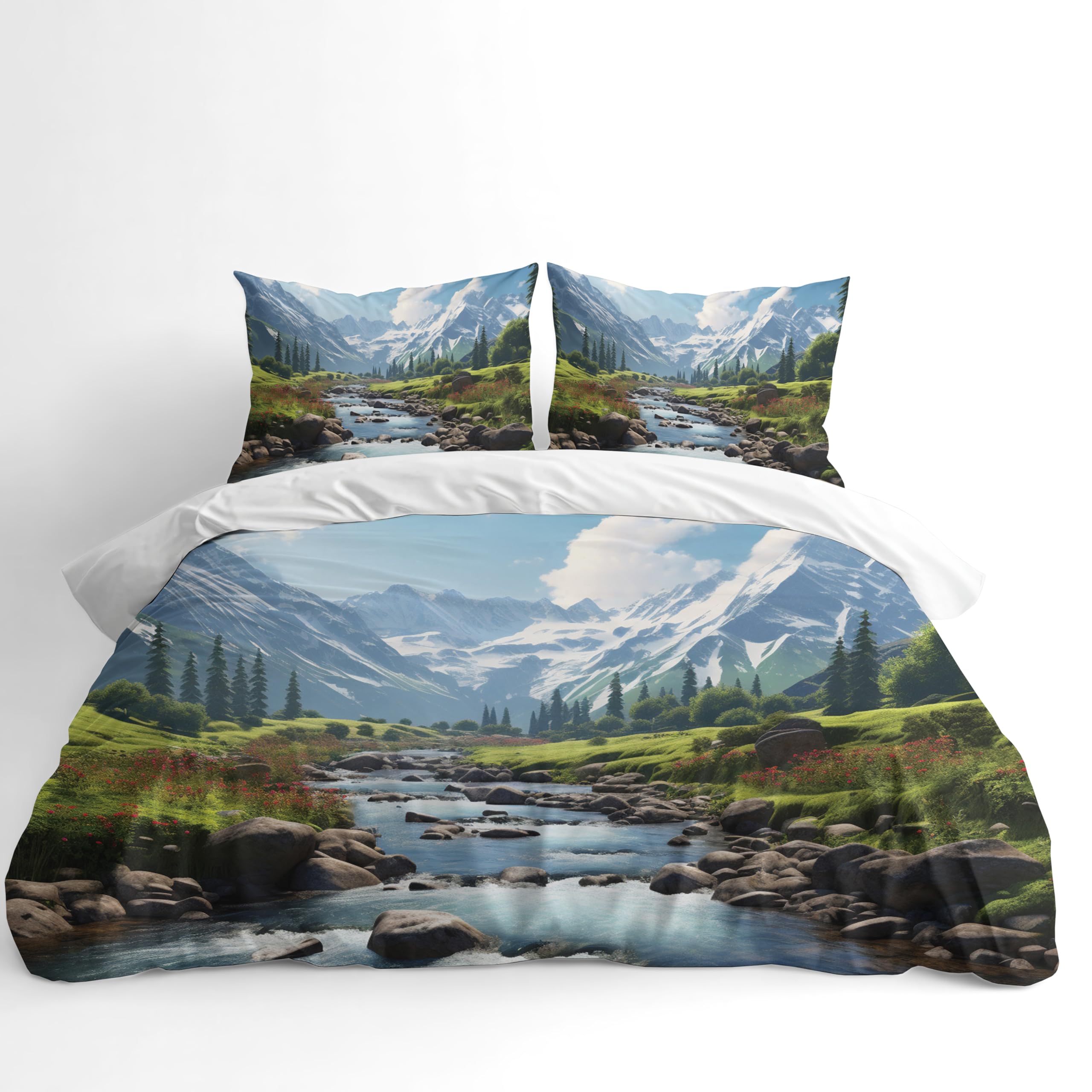Adam Home 3D Digital Printed Spring Duvet Cover With Matching Pillowcases Home Bedroom Décor Microfiber Double Bedding Set Made in UK |Mountain River Landscape