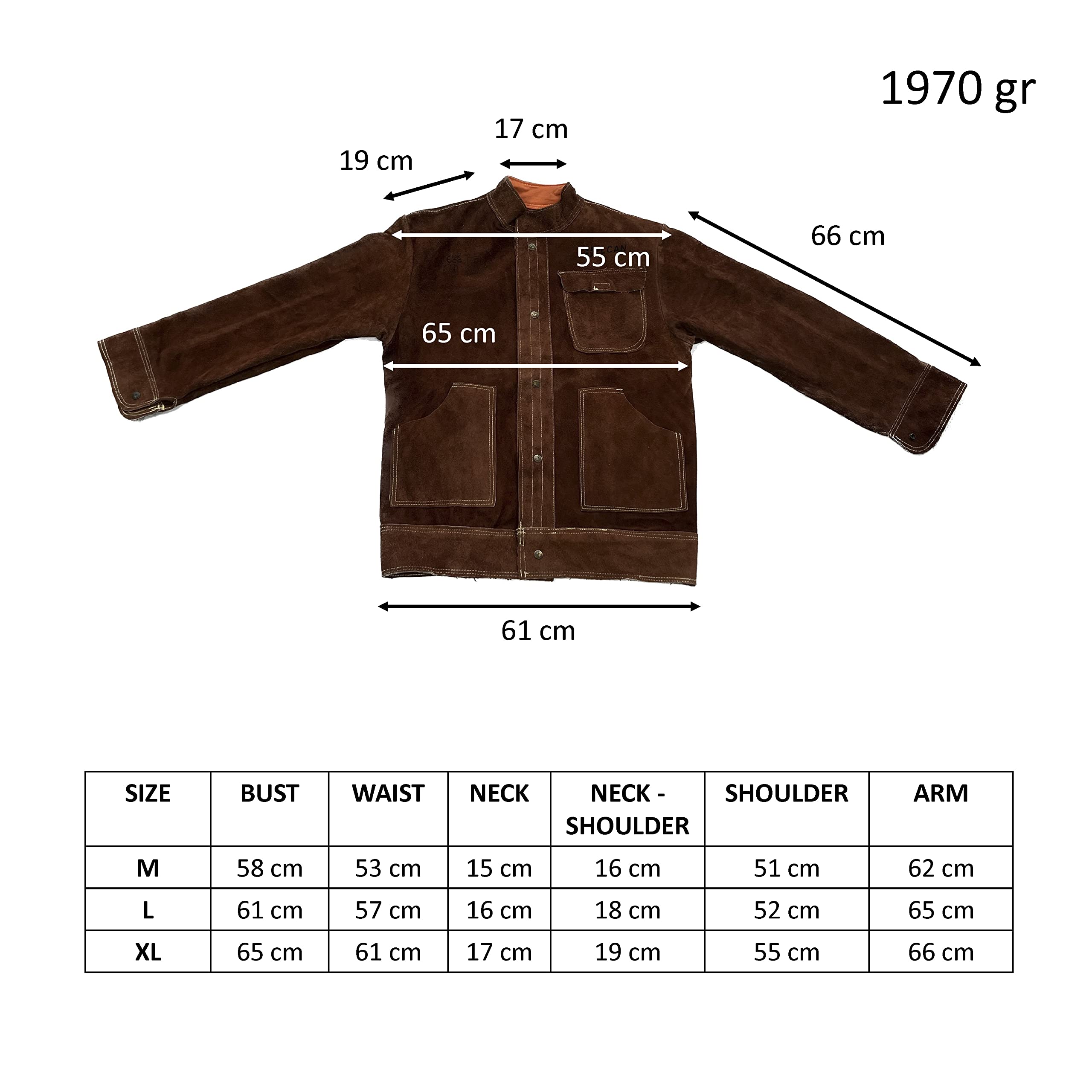 ELCAN Chaqueta de soldadura profesional de cuero marron ignífugo resistente al calor, ropa de trabajo para soldar electrodo, TIG, MIG, MAG, barbacoas, jardinería, chimeneas, hornos… (Talla XL)