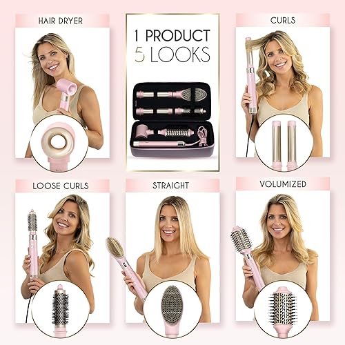 Miniatura 4 de ELLA BELLA 6 en 1 Hot Air Styler Pink y Spray protector contra el calor  Potente juego de secador de pelo para rizar, voluminizar y alisar rápido,