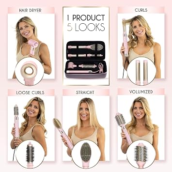 ELLA BELLA 6-in-1 Hot Air Styler Pink & Heat Protectant Spray Powerful Hair Dryer Set for Fast Curling, Volumizing, Straightening Includes Travel Case UV Shield & Nourishing Hair Care