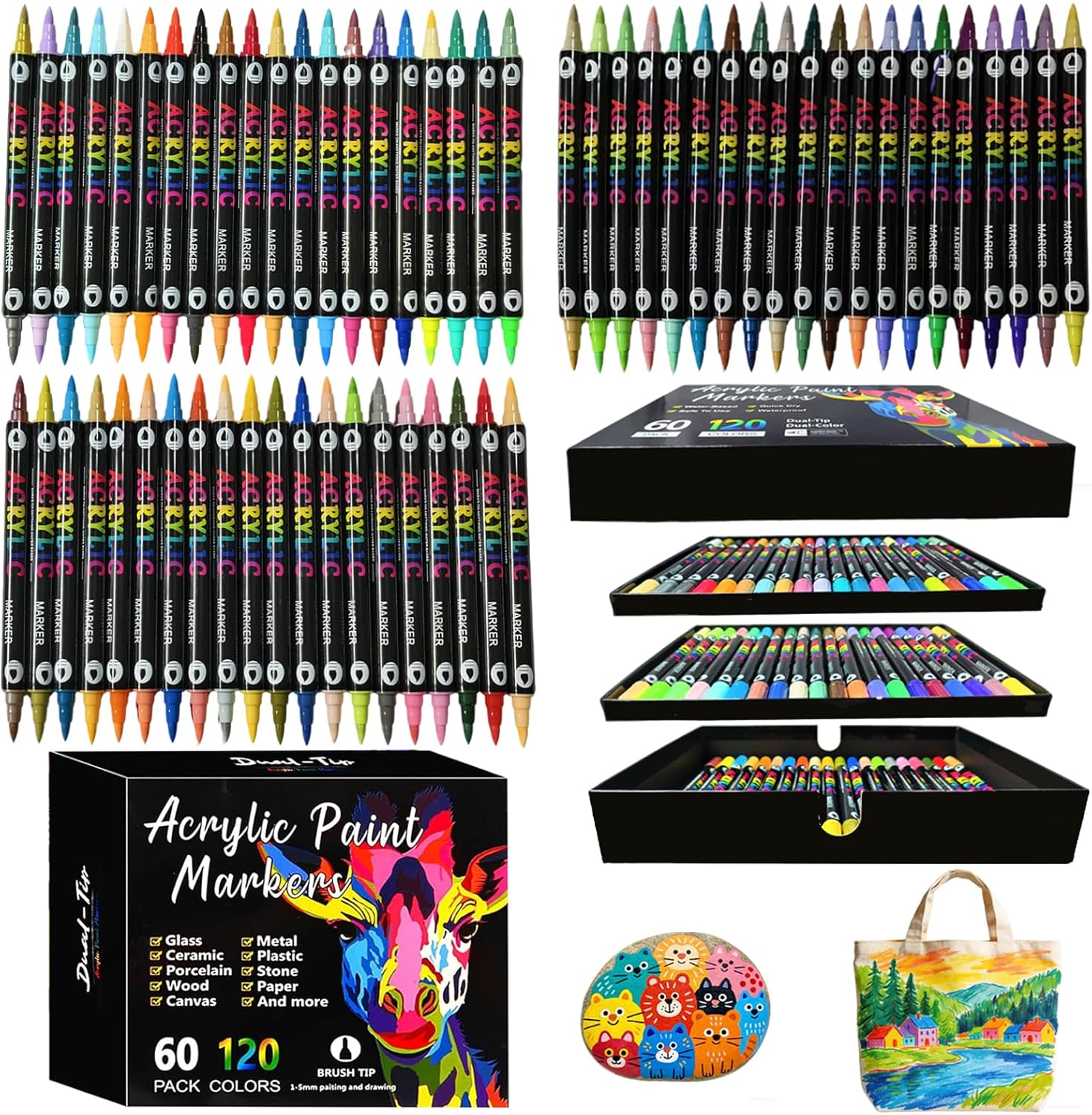 120 Colors Acrylic Paint Markers, 60 Pack Dual Tip Acrylic Paint Pens, Soft Brush Tips Paint Pens and Paint Markers for Canvas Stone, Rock Painting, Paper, Glass, Wood, Egg