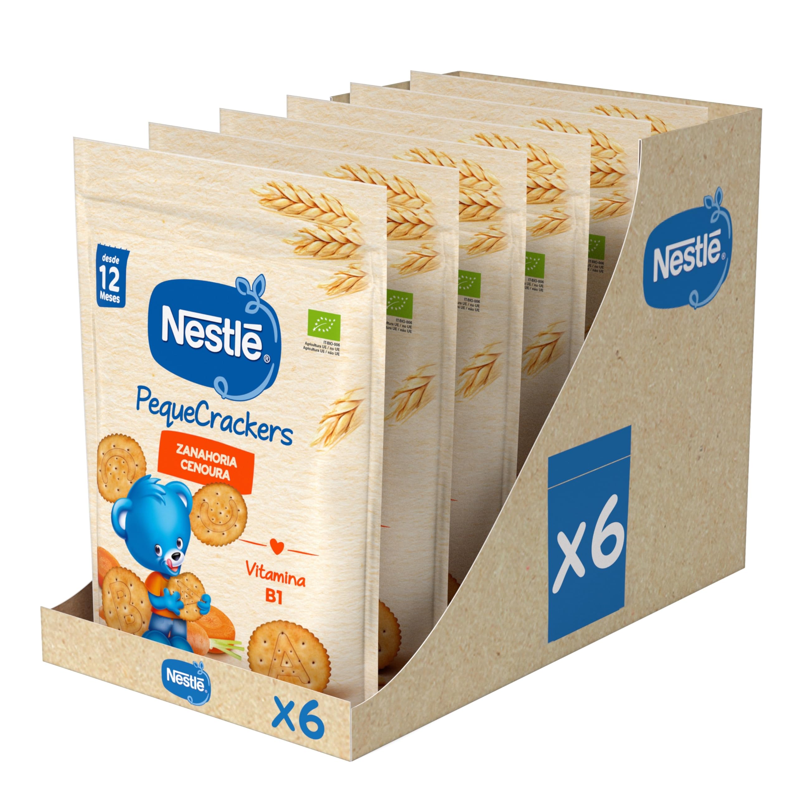 NESTLÉ PequeCrackers Zanahoria, para bebés desde 12 meses, 6 bolsas de 100g