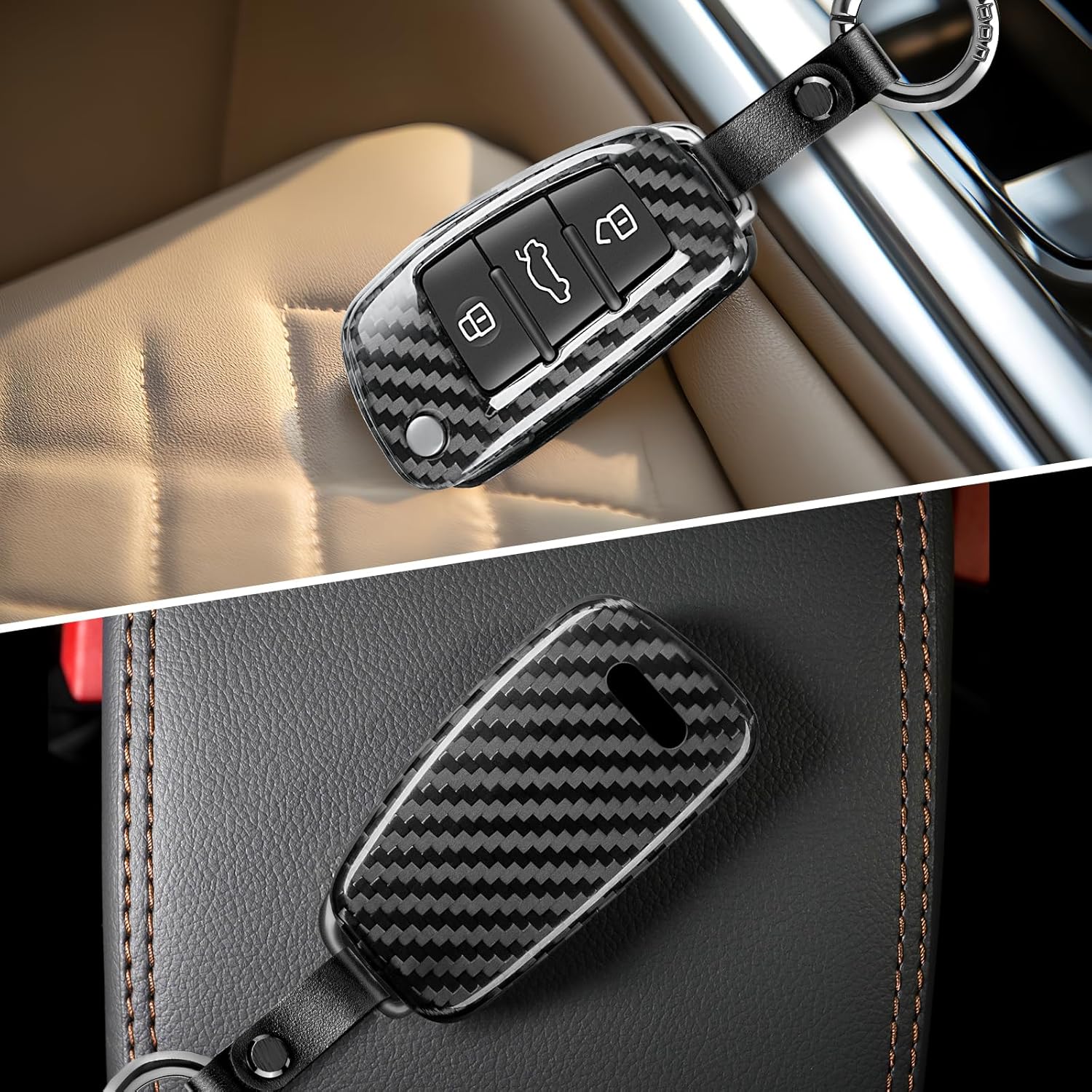 T-carbon Key Fob Cover with Keychain Fits Audi R8 2012, Carbon Fiber Key Fob Case Shell Exact Fits for Audi A3 Q3 S3 A4 S4 RS4 A6 RS6 Q5 Q7 TT R8 2005-2013 Flip Blade Key Smart Accessories Black