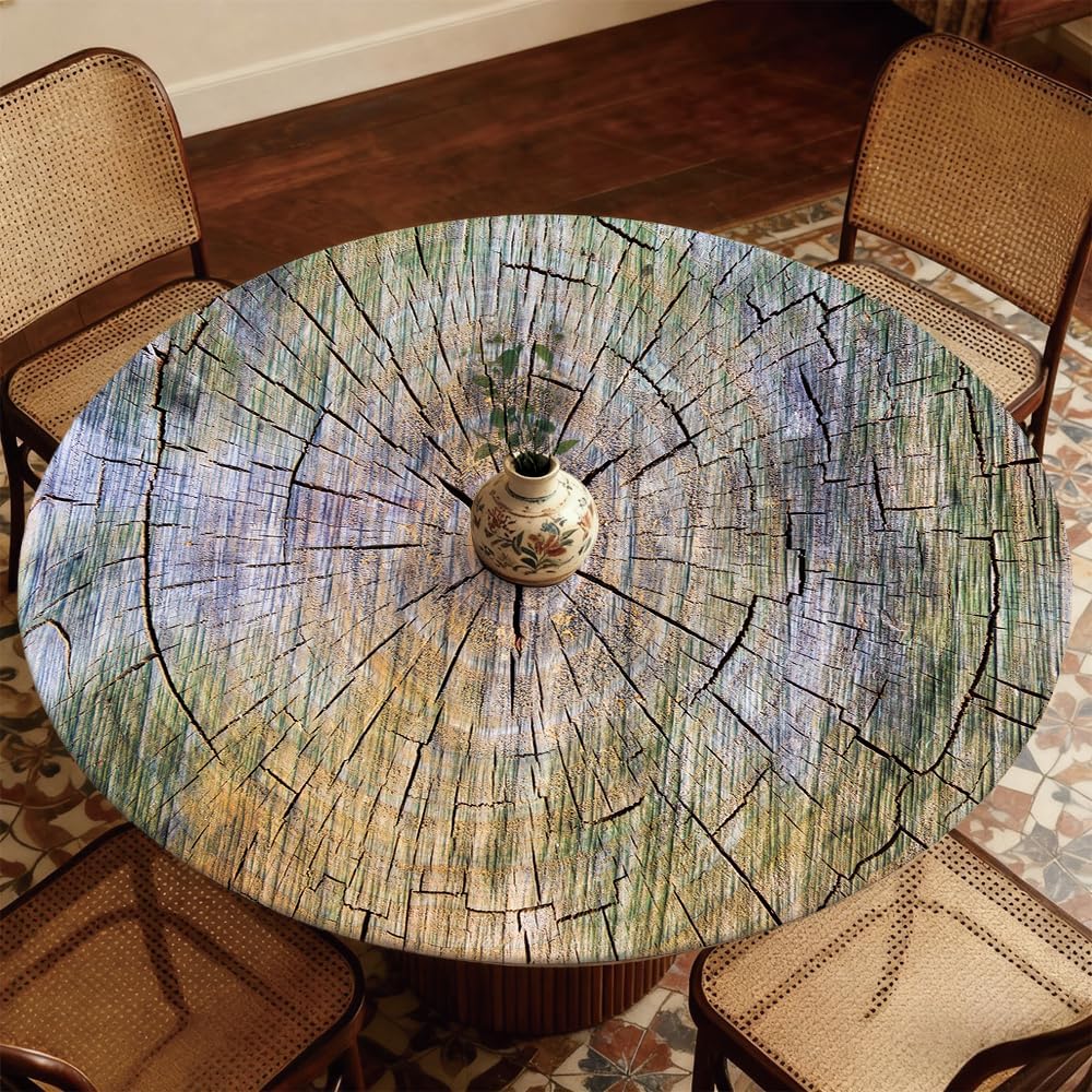 Fitted Round Tablecloth with Elastic Edge Rustic Wooden Texture Background Stretch Waterproof Table Cloth for Camping Dining Indoor Outdoor, Fit for Diameter 56.2"-60.1" Round Table, Style20