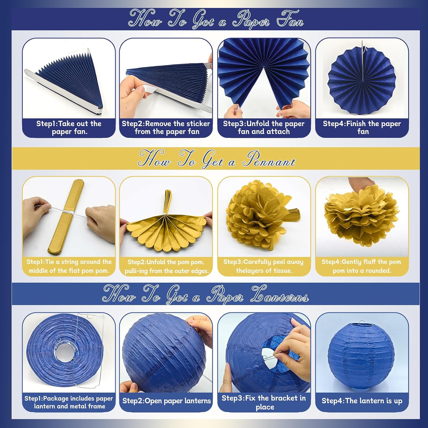 MEIDUO 34 Pcs Blue and Gold Party Decorations, Hanging Paper Lanterns Fans Pom Poms Set, 2026 Blue and Gold Graduation Decorations Supplies, Royal Birthday Decor for Men Boys
