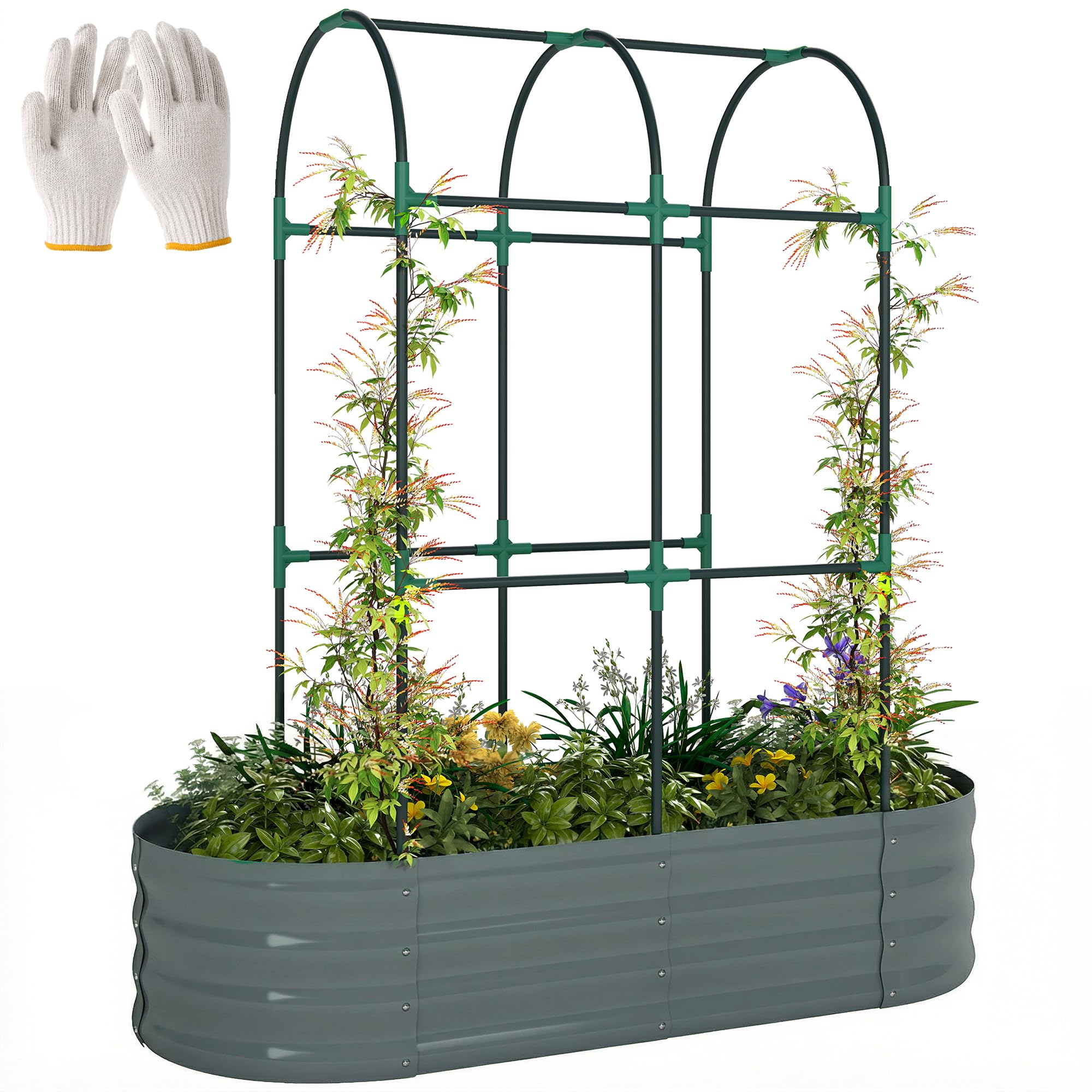 Outsunny Metal Raised Garden Bed with Trellis - Dark Grey - L