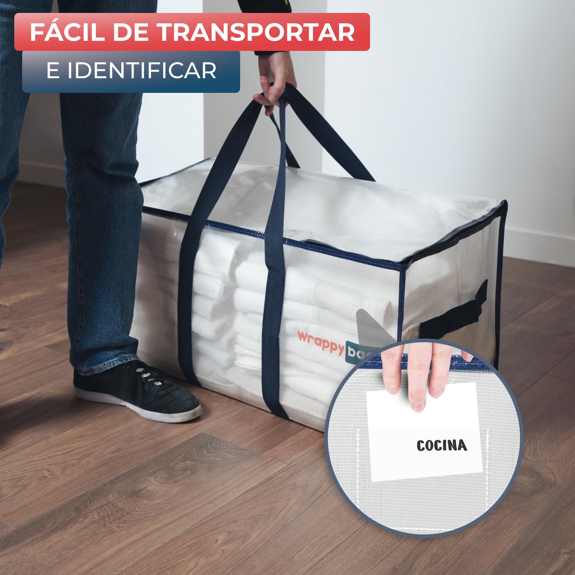 WRAPPYBAG – Set de 6 Bolsas de Mudanza y Viaje Grandes, Resistentes, Reutilizables, Tupidas, XXL y Antihumedad – Asas Reforzadas – Bolsas Almacenaje Ropa y Ropa de Cama – 75 x 36 x 38 cm