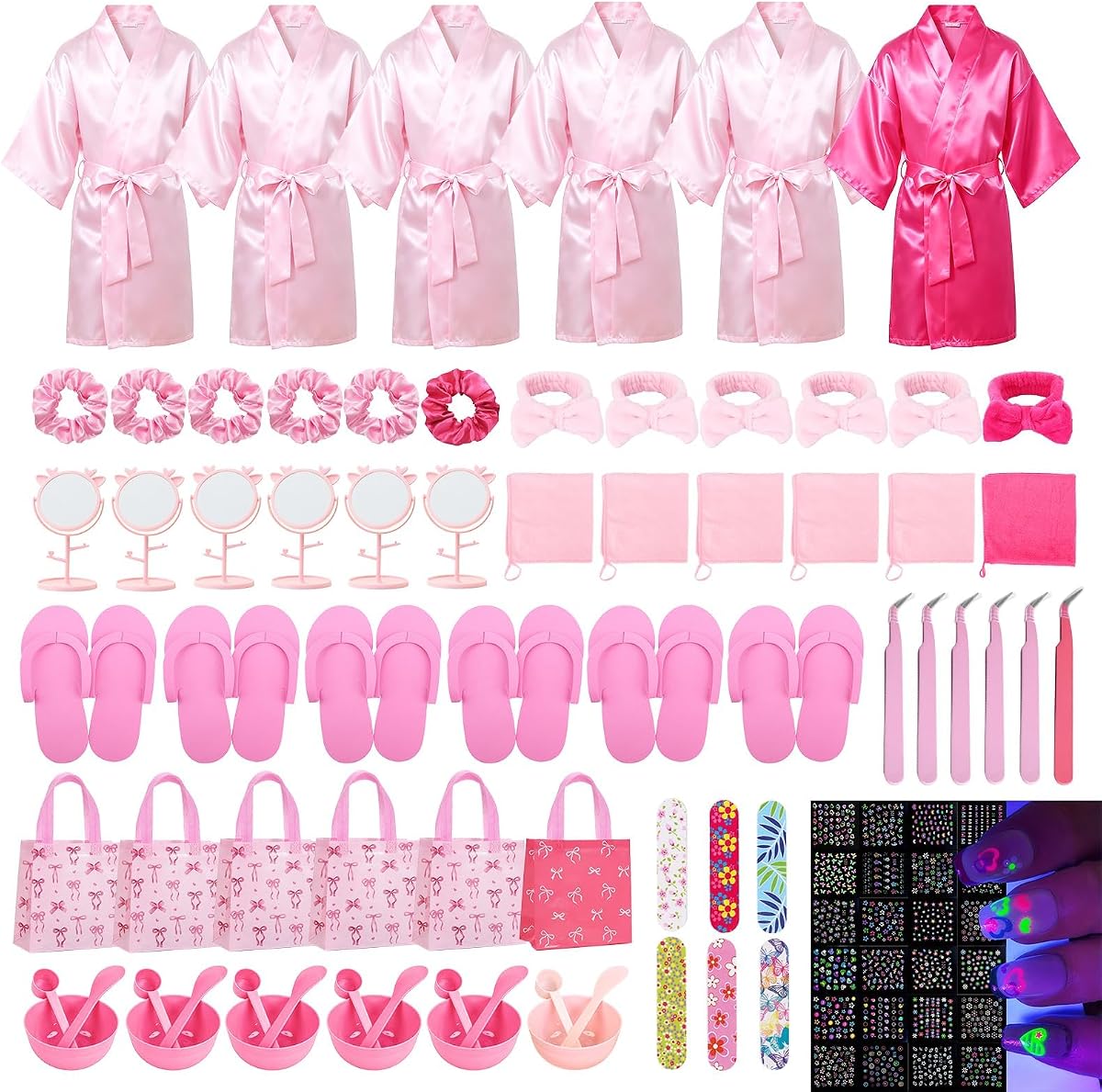 6Set Spa Party Set: Satin Robes, Slipper, Mask, Nail Kit for Slumber Party | 83PCS Spa Supplies : Satin Robes, Slippers, Headbands, Nail Kits, Face Masks, Towels, Brushes, Sleepovers, Birthday Parties