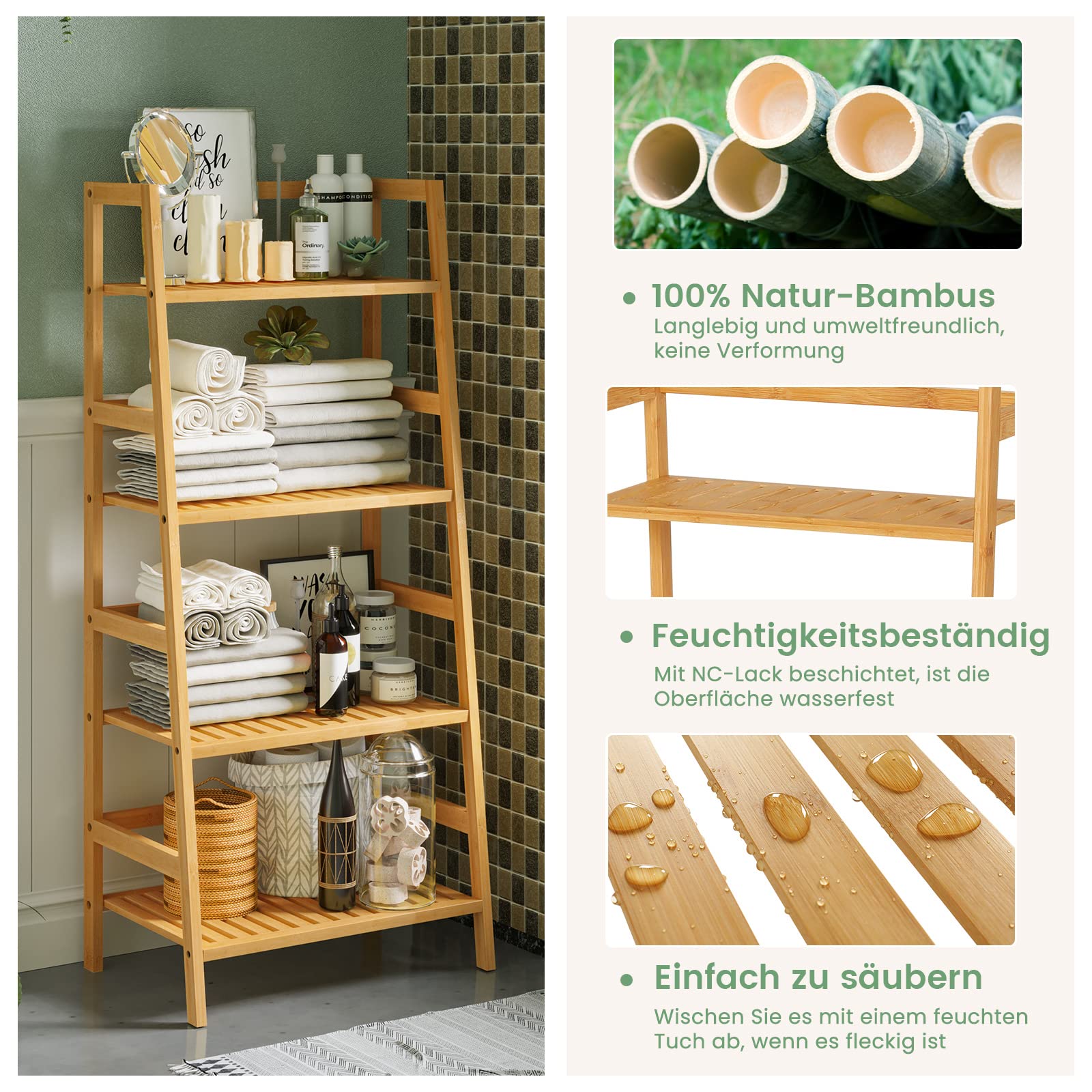VIAGDO Badezimmerregal Badregal, Leiterregal mit 4 Ebenen, Bücherregal, Schuhregal, Pflanzenregal, Balkonregal, Blumenregal, Multifunktionales Bambus Regal für Kleine Raum, Bambus