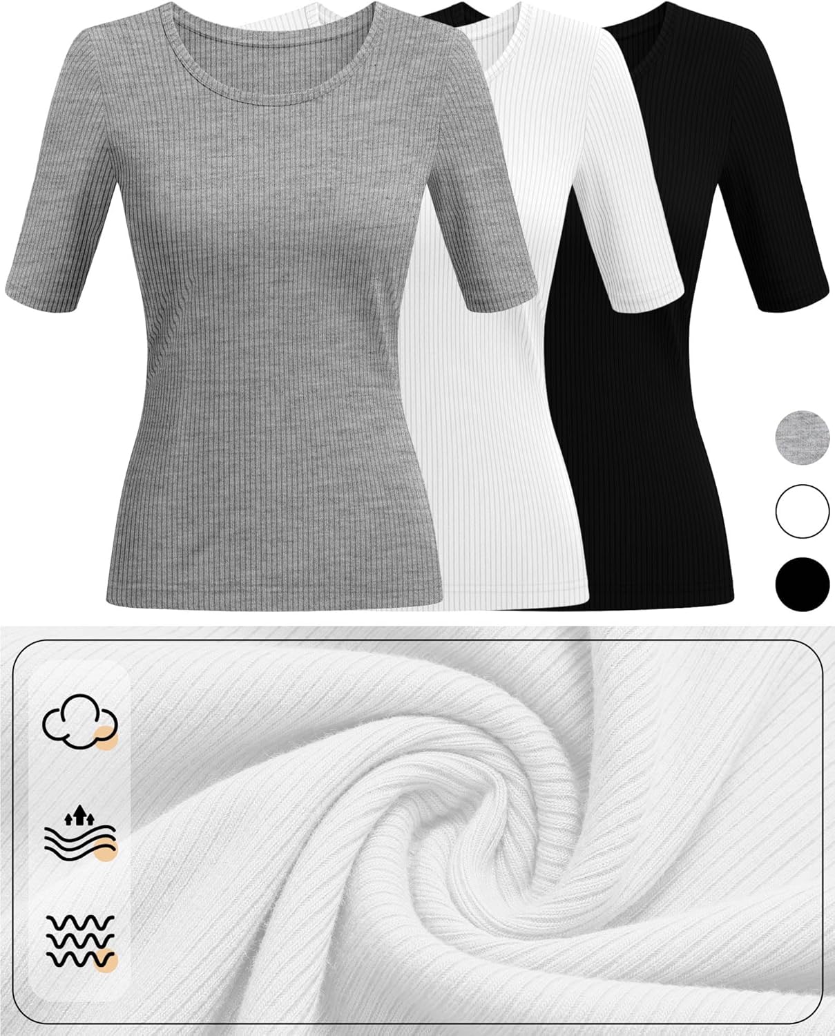 Neer 3 Pack Women's Scoop Neck Ribbed Tops Half Sleeves Shirts Slim Fitted 1/2 Sleeve Causal Basic Knit Tee - Image 4