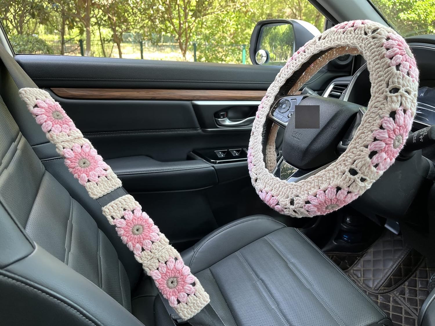 Crochet Sunflower Car Steering Wheel Covers Light Pink Universal 14-15 inch for Women/Men (Steering Wheel Cover+2 Belt Cover)
