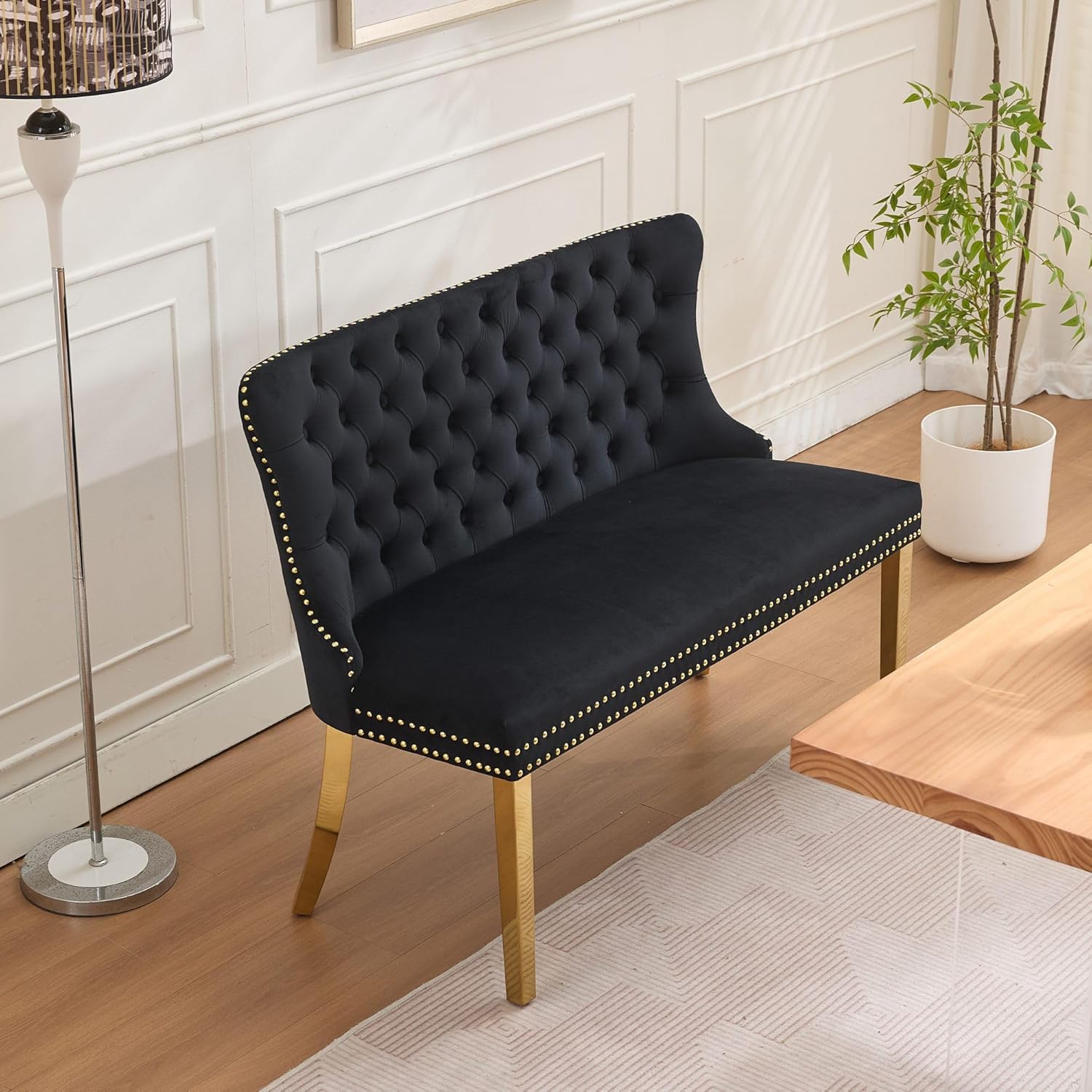 Velvet Upholstered Dining Bench with Back, 45.6'' Tufted Loveseat Bench with Gold Stainless Steel Legs, Mid-Century Modern Banquette Seating for Dining Room, Kitchen, Entryway, Black