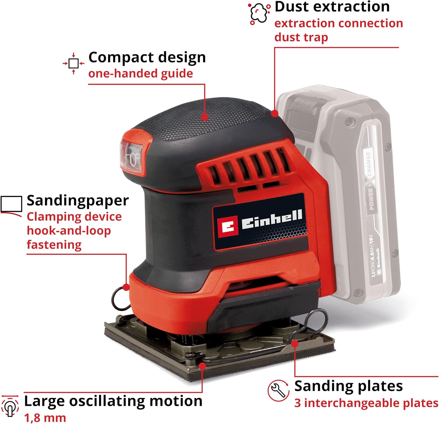 Einhell TE-OS 18/113 Cordless Thumb Sander 3X Li-Solo Power X-Change (18 V, Orbital Sander, 3x Interchangeable Sanding Plates, 1.8 mm Oscillating Circuit, Includes Accessories without Battery)