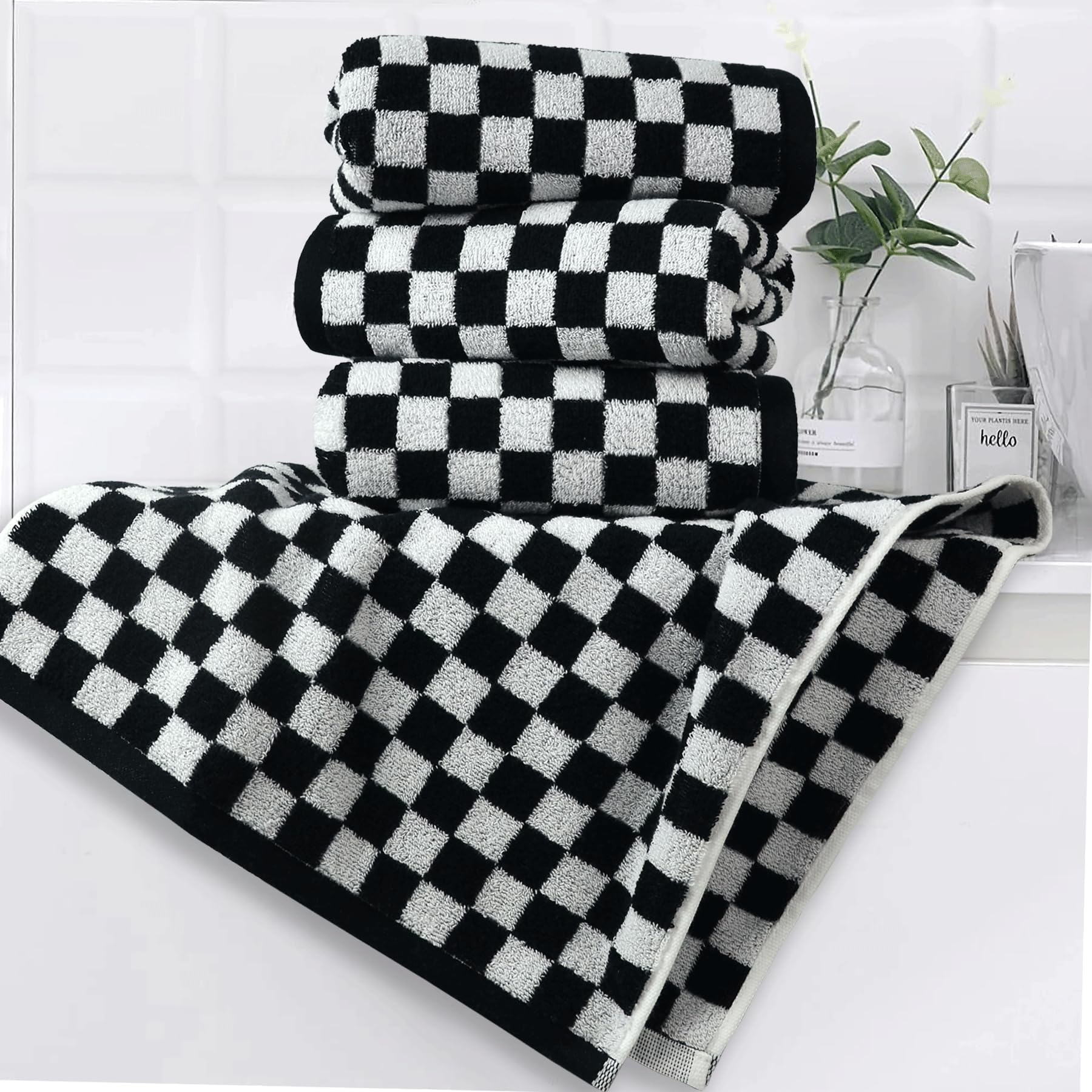 Jacquotha and White Hand Towels 4 Pack, Cotton Decorative Bathroom Hand Towels & Checkered Kitchen Decor, 13" x 29": Black