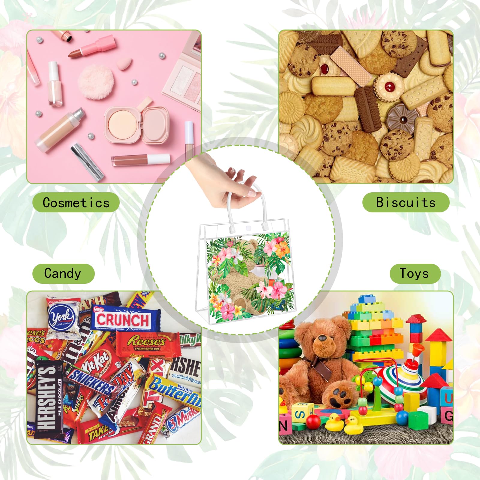 HYMENEX 24 Pcs Hawaiian Gift Bags, Aloha Clear PVC Gift Bag with Handles Luau Goodie Treat Candy Bags for Summer Tropical Aloha Festival Hawaiian Holiday Party Supplies Favor