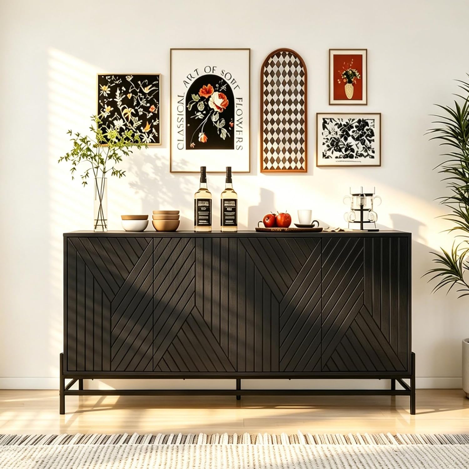 59" Geometric Carved 4-Door Sideboard Buffet Cabinet with 2 Adjustable Shelves, Black Credenza with Metal Legs for Living Room, Kitchen & Hallway