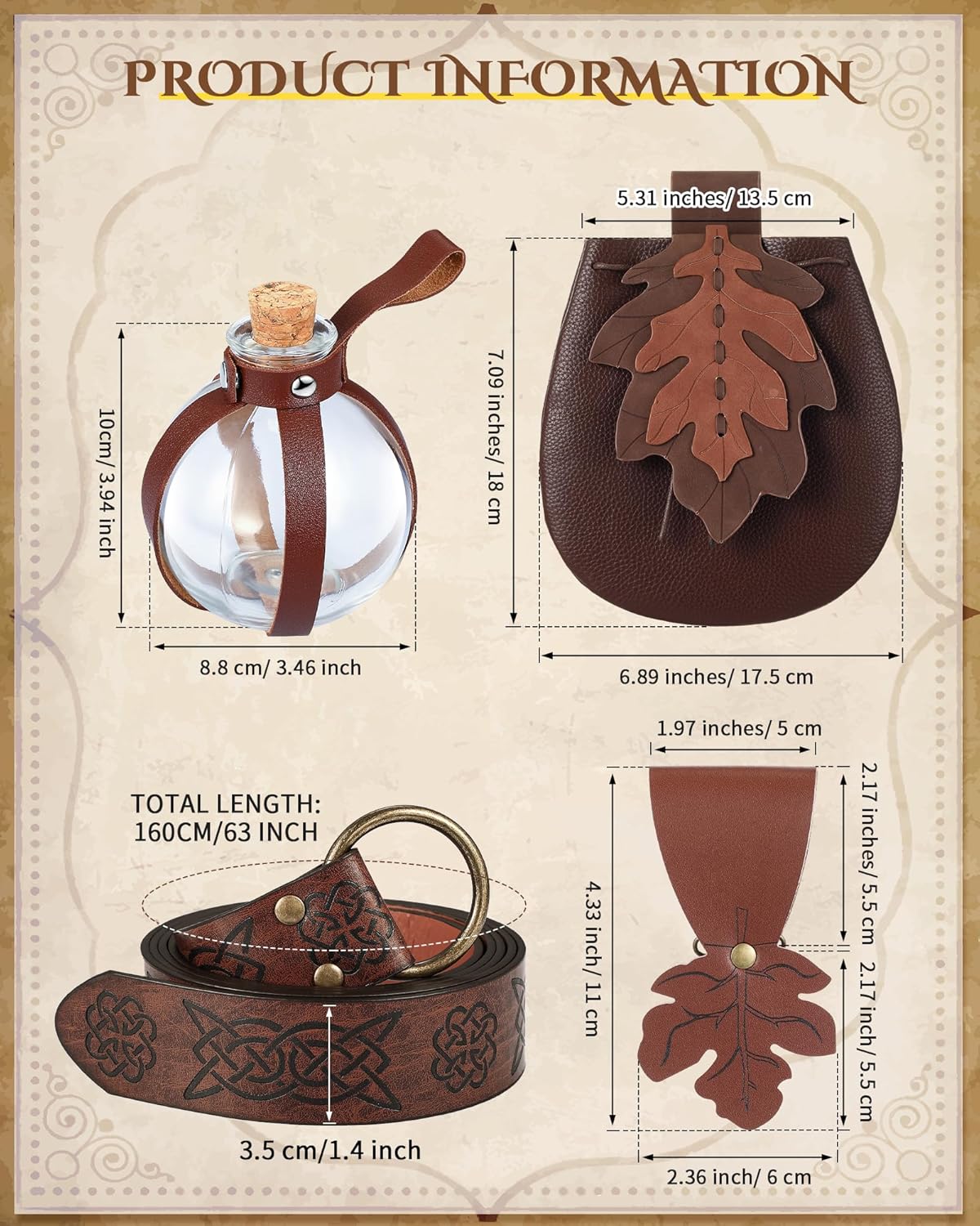 6 Pcs Women Renaissance Accessories Leaf Belt Bag Medieval Viking Belt Potion Bottles Leather Skirt Hikes - Image 2