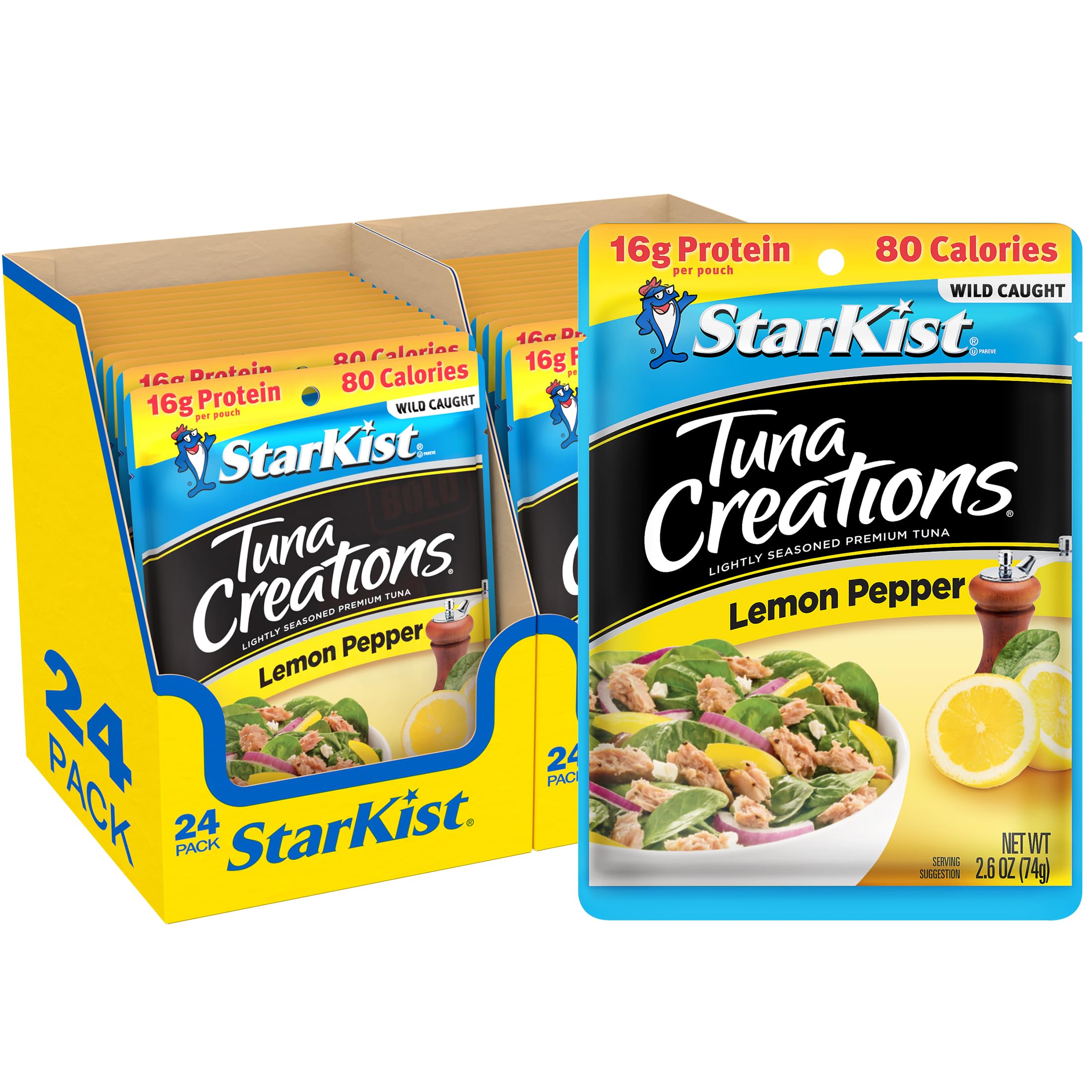 StarKist Tuna Creations Lemon Pepper Pouch (2.6 oz - 24 Pack) Wild Caught, High Protein Shelf Stable Seafood, Gluten Free, Soy Free, No Draining, Ready to Eat for Salads and Sandwiches