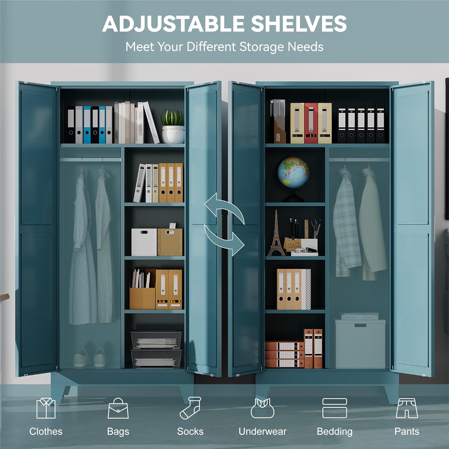 Adjustable shelves demonstrating various configurations for storage