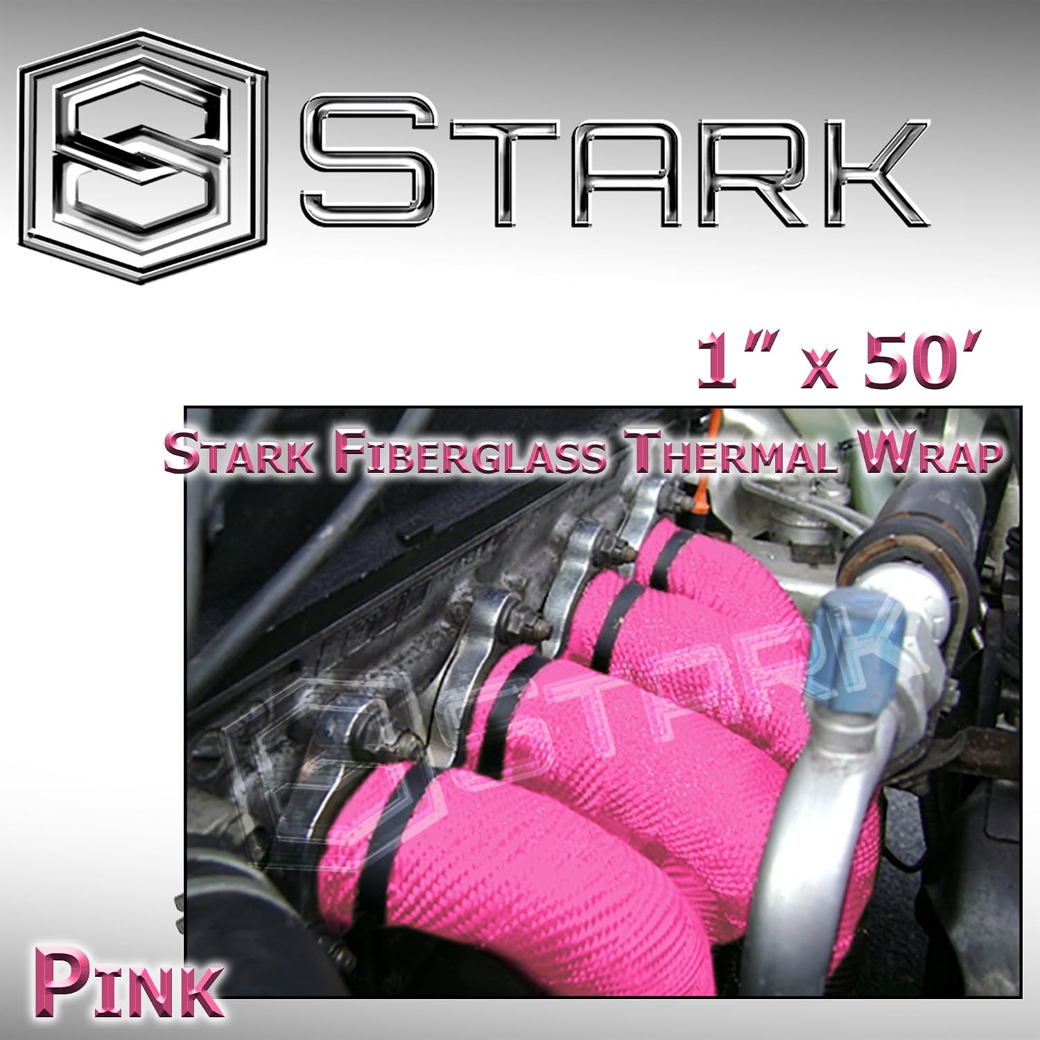 Stark Thermal Wrap 1" Wide x 50' Long - Fiberglass Heat Shield Exhaust Manifold/Header Wrap - Pink