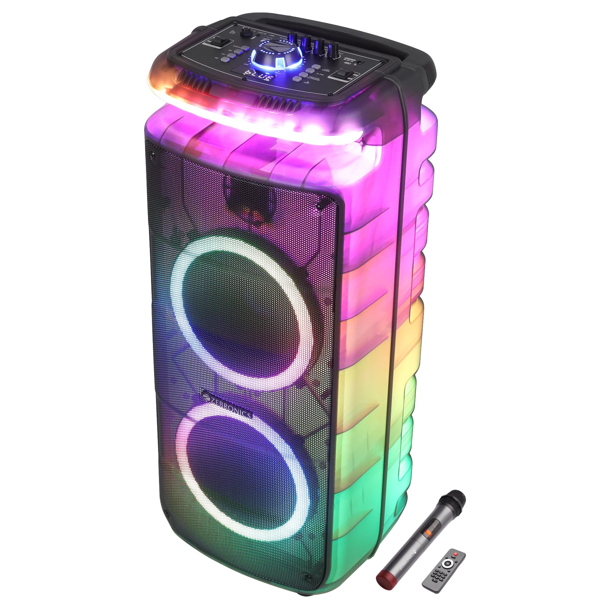ZEBRONICS 160W Party DJ Speaker, 12h Playback, Wireless UHF Mic, Karaoke & Recording, Dual 20.32cm High-Fidelity Drivers, TWS, 6.3mm Mic Input, Bluetooth, USB, RGB, Carry Handle (Glow Box 8B)